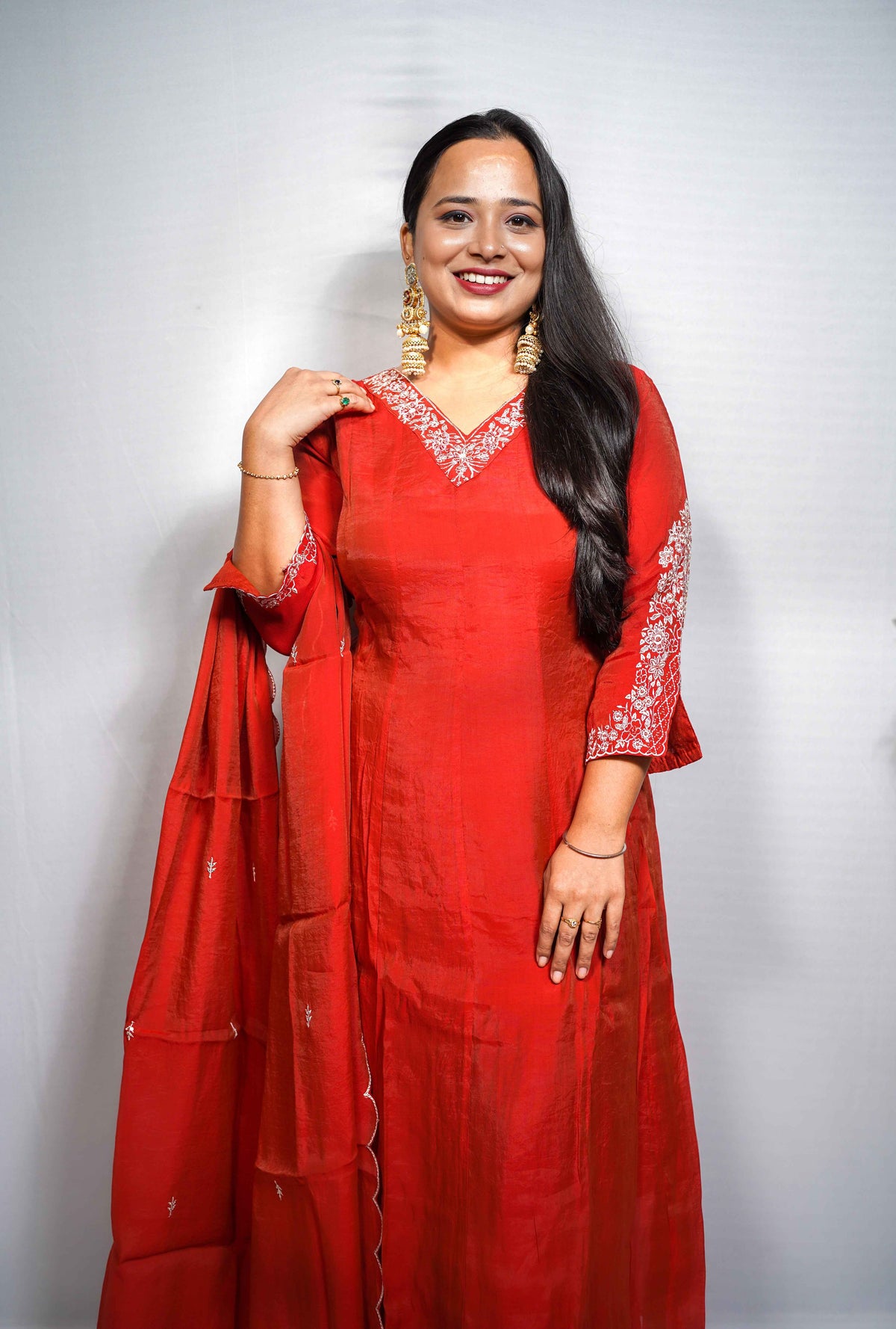 Sindoor — Rust orange Silk Anarkali Suit with White Embroidered Yoke & Scalloped Dupatta