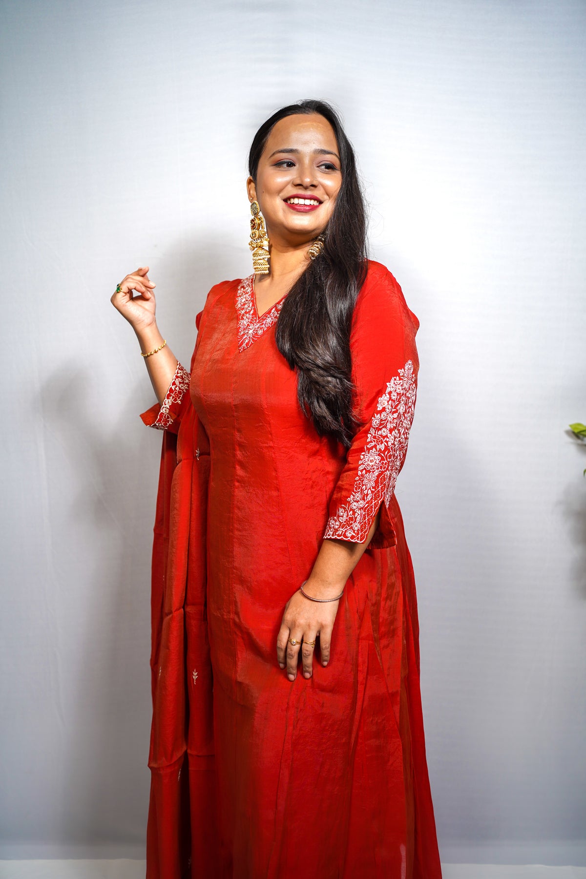 Sindoor — Rust orange Silk Anarkali Suit with White Embroidered Yoke & Scalloped Dupatta