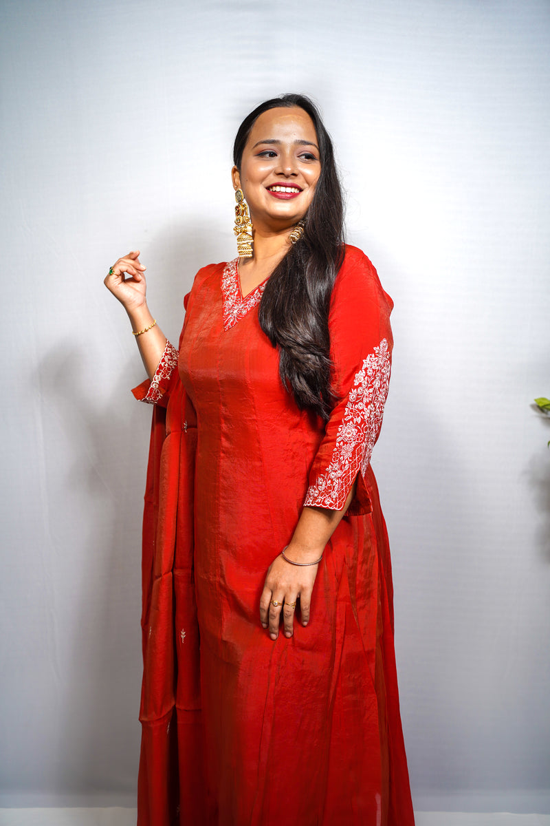 Sindoor — Rust orange Silk Anarkali Suit with White Embroidered Yoke & Scalloped Dupatta
