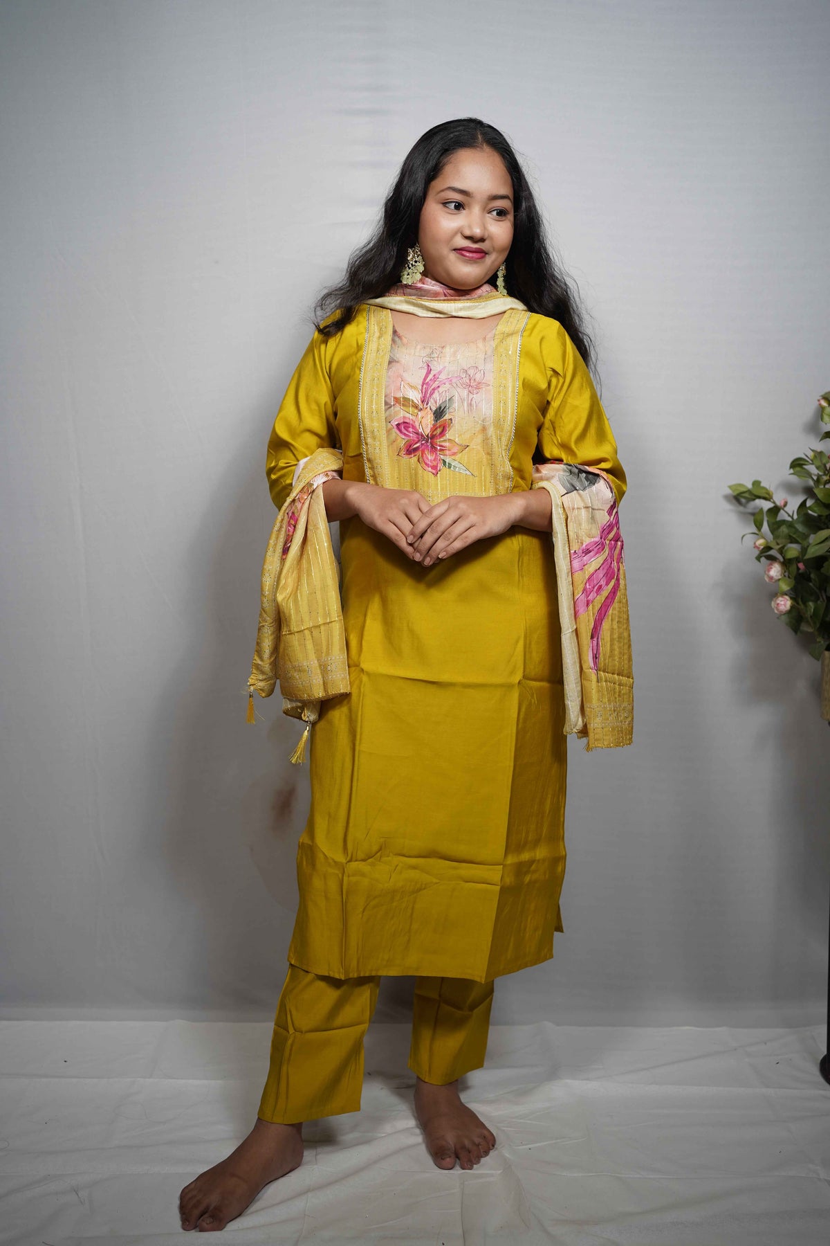Kesari — Yellow Silk Kurta Set with Floral Printed Yoke & Chanderi Dupatta