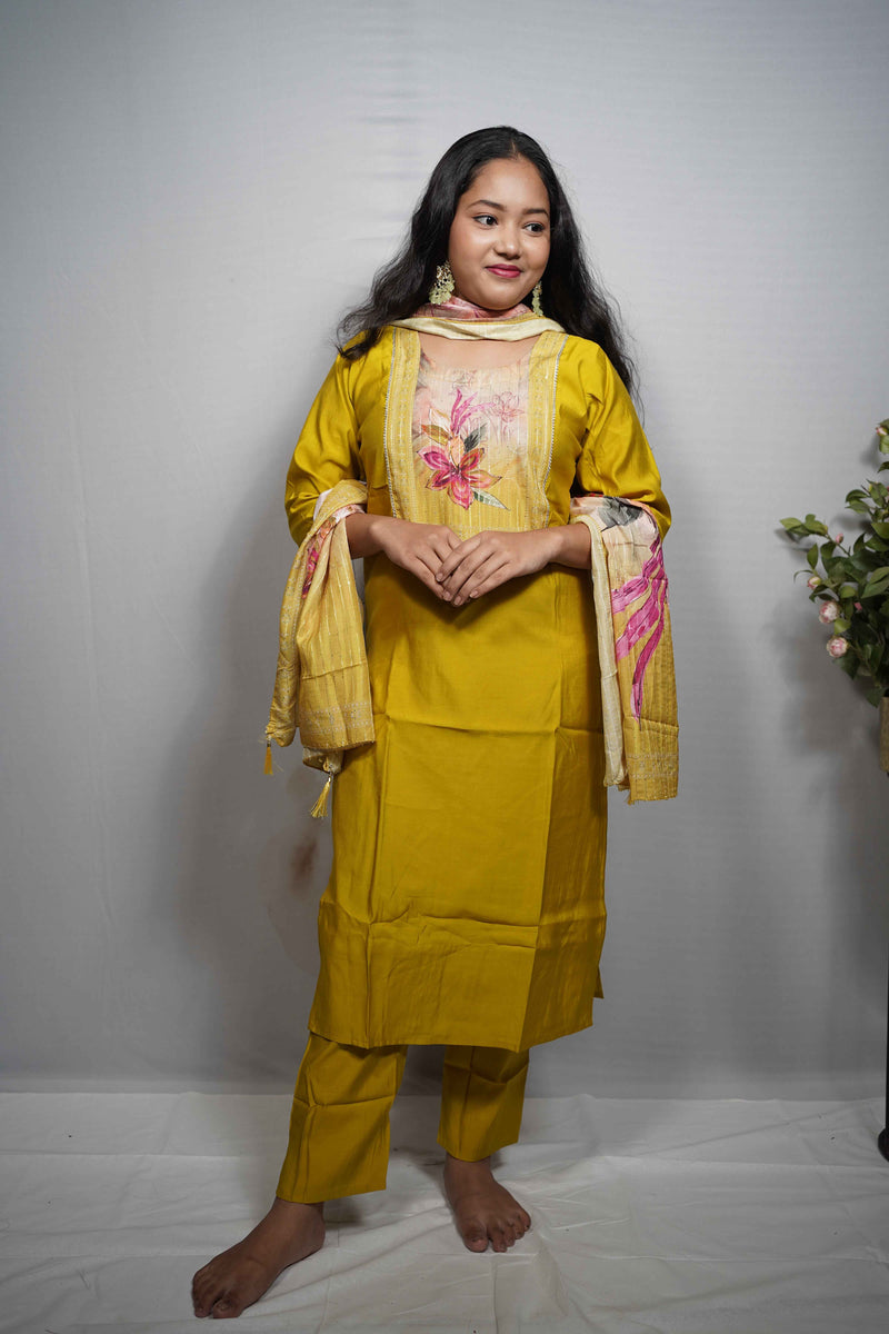 Kesari — Yellow Silk Kurta Set with Floral Printed Yoke & Chanderi Dupatta