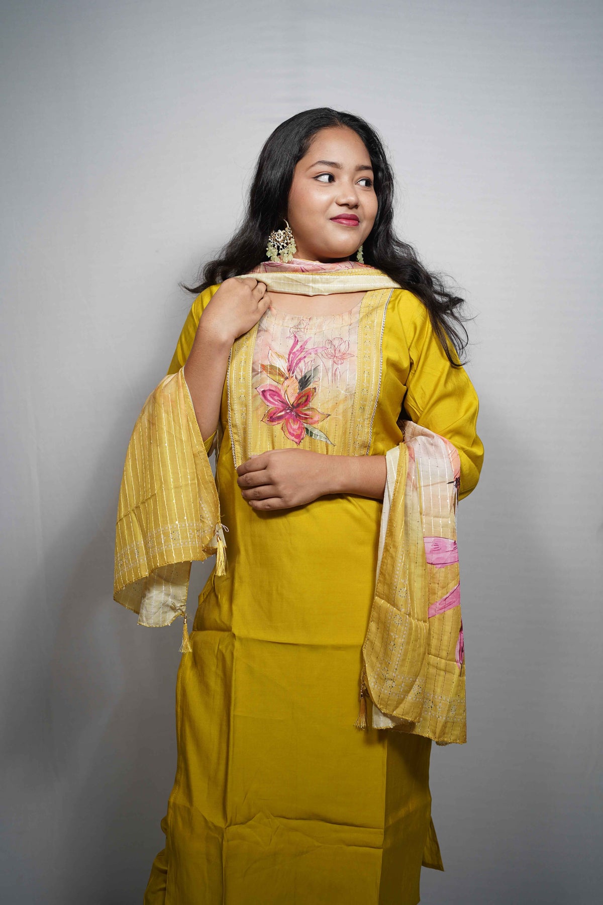 Kesari — Yellow Silk Kurta Set with Floral Printed Yoke & Chanderi Dupatta