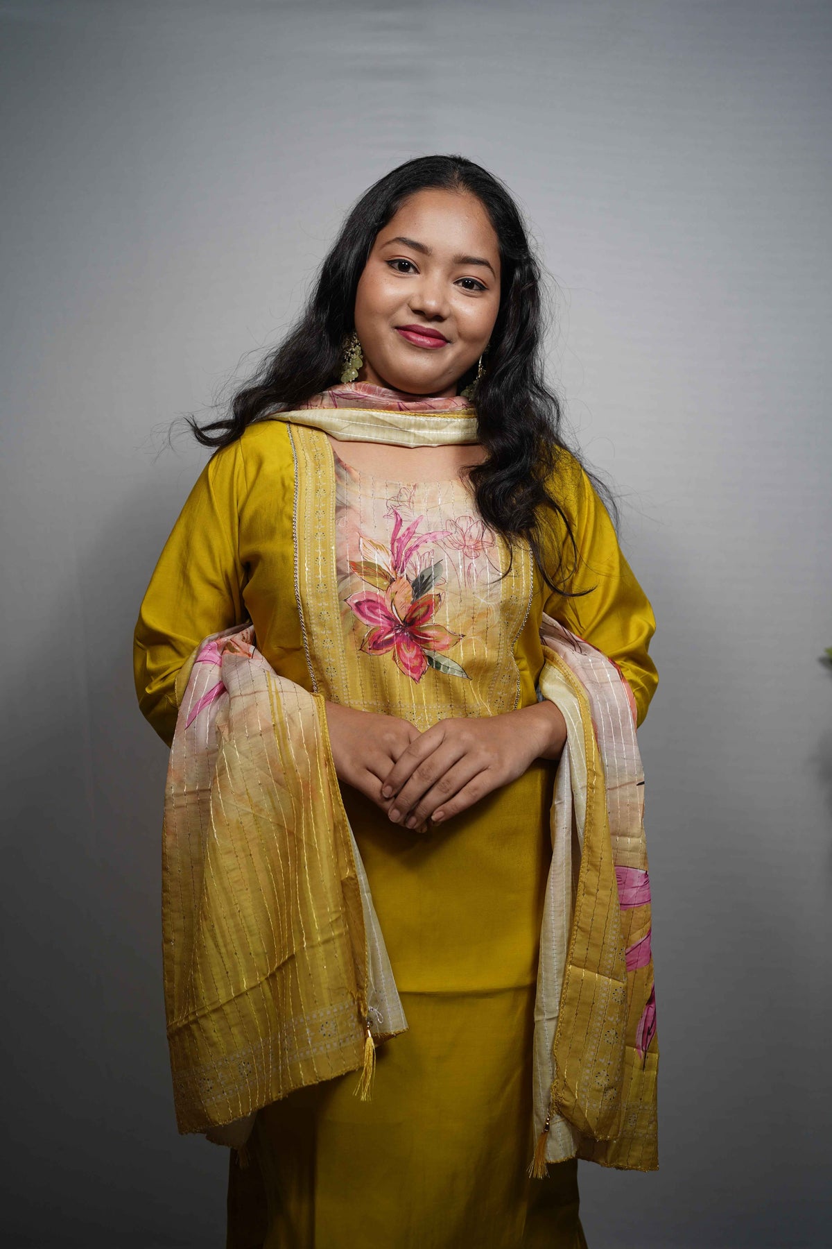 Kesari — Yellow Silk Kurta Set with Floral Printed Yoke & Chanderi Dupatta