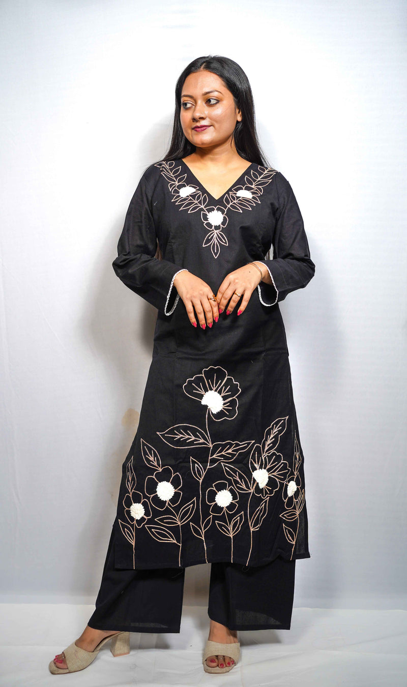 Gulzar — Cotton Kurta Set with Large Floral Thread Embroidery
