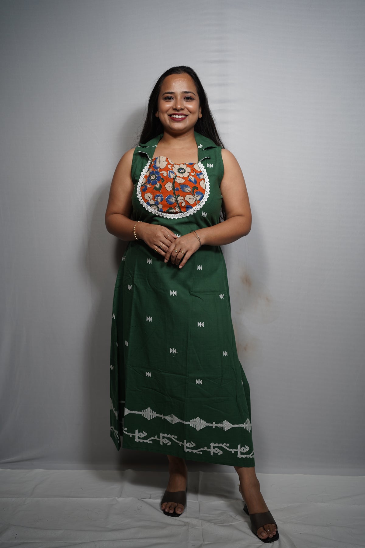 Handloom Cotton Dress with Kalamkari Print Yoke & Woven Butis lace work