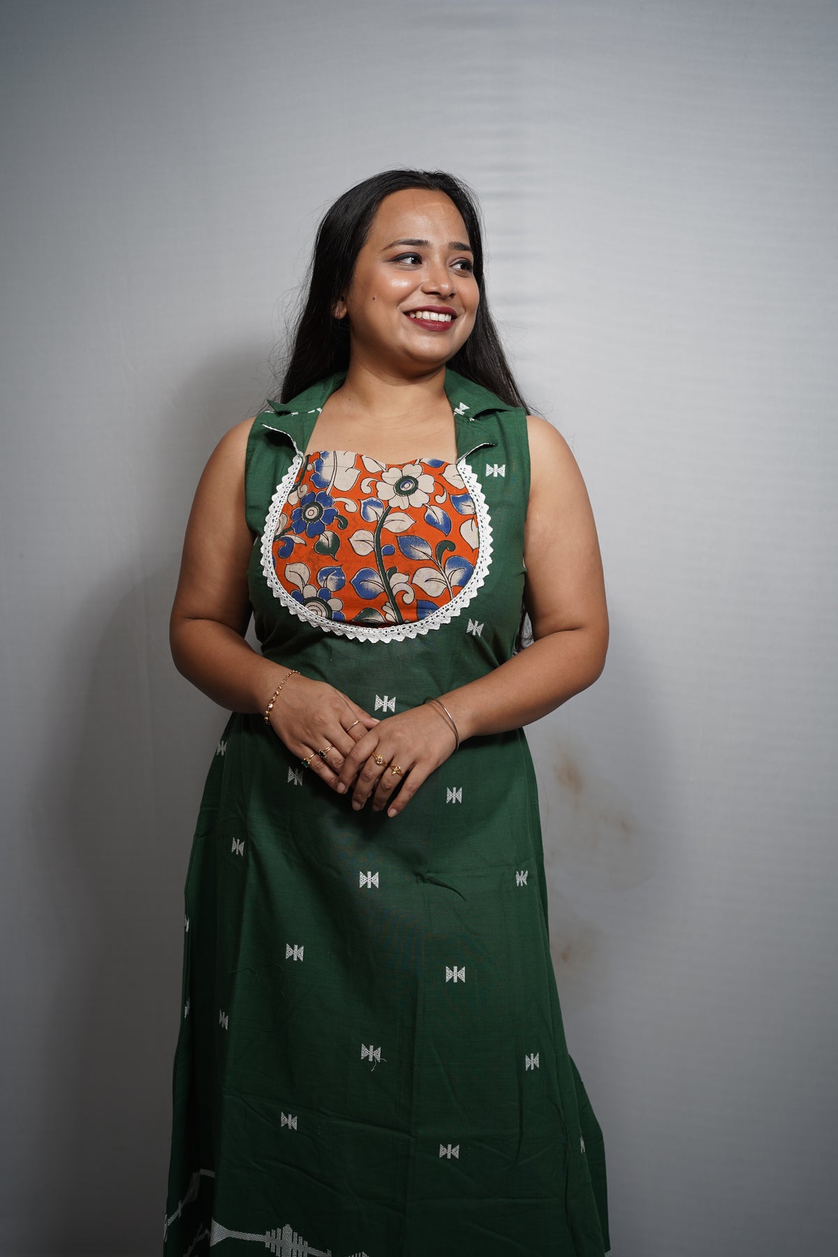 Handloom Cotton Dress with Kalamkari Print Yoke & Woven Butis lace work