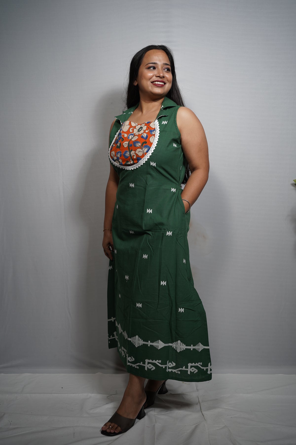 Handloom Cotton Dress with Kalamkari Print Yoke & Woven Butis lace work