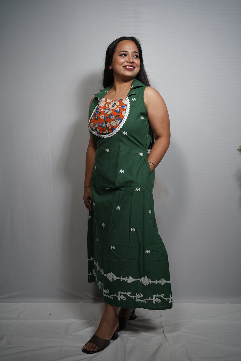 Handloom Cotton Dress with Kalamkari Print Yoke & Woven Butis lace work