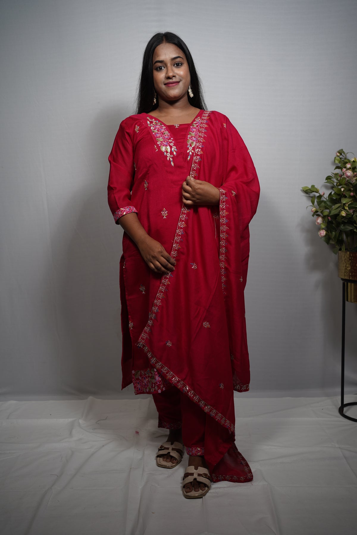 Self-Toned Silk Kurta Set with Floral Embroidered Yoke
