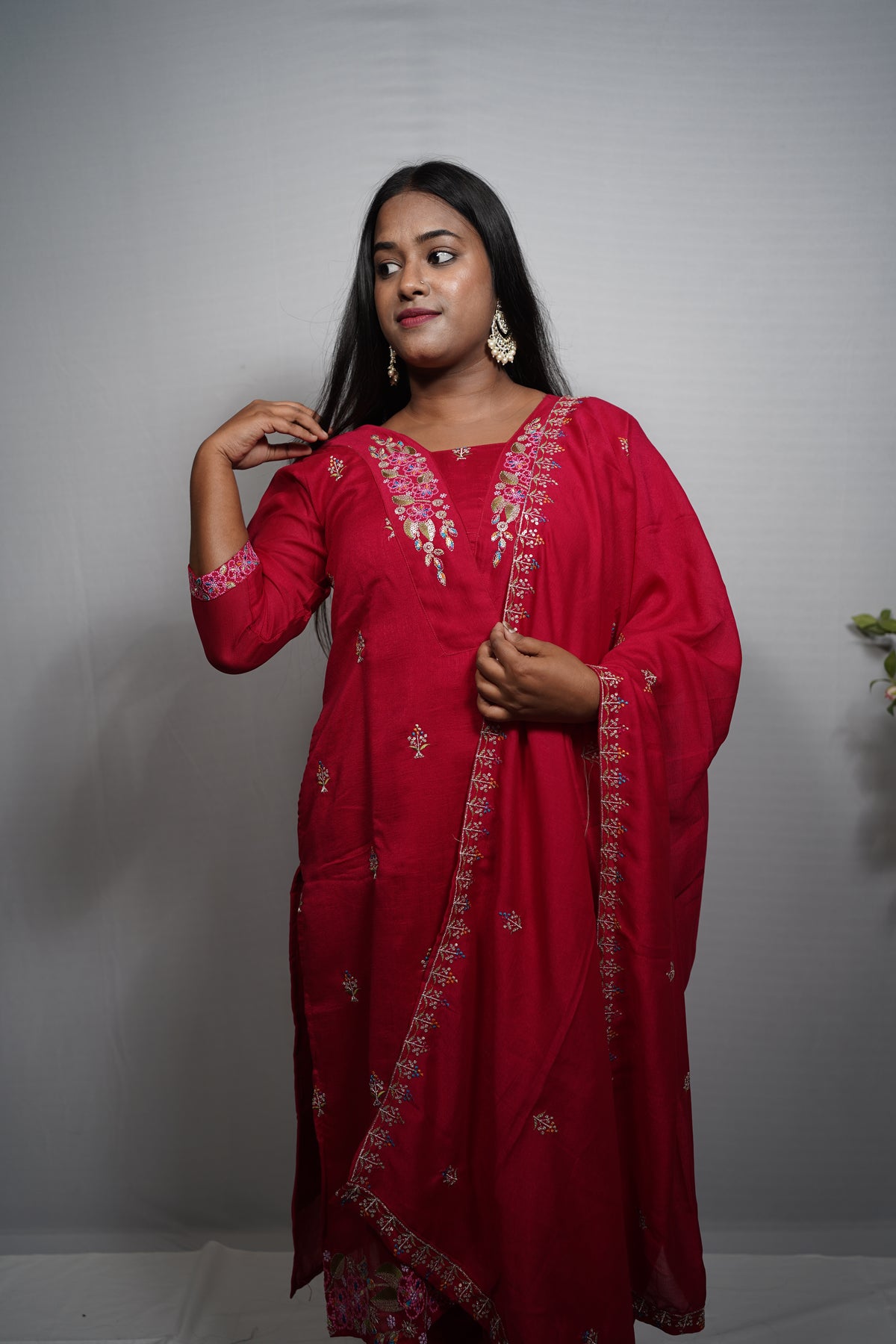 Self-Toned Silk Kurta Set with Floral Embroidered Yoke