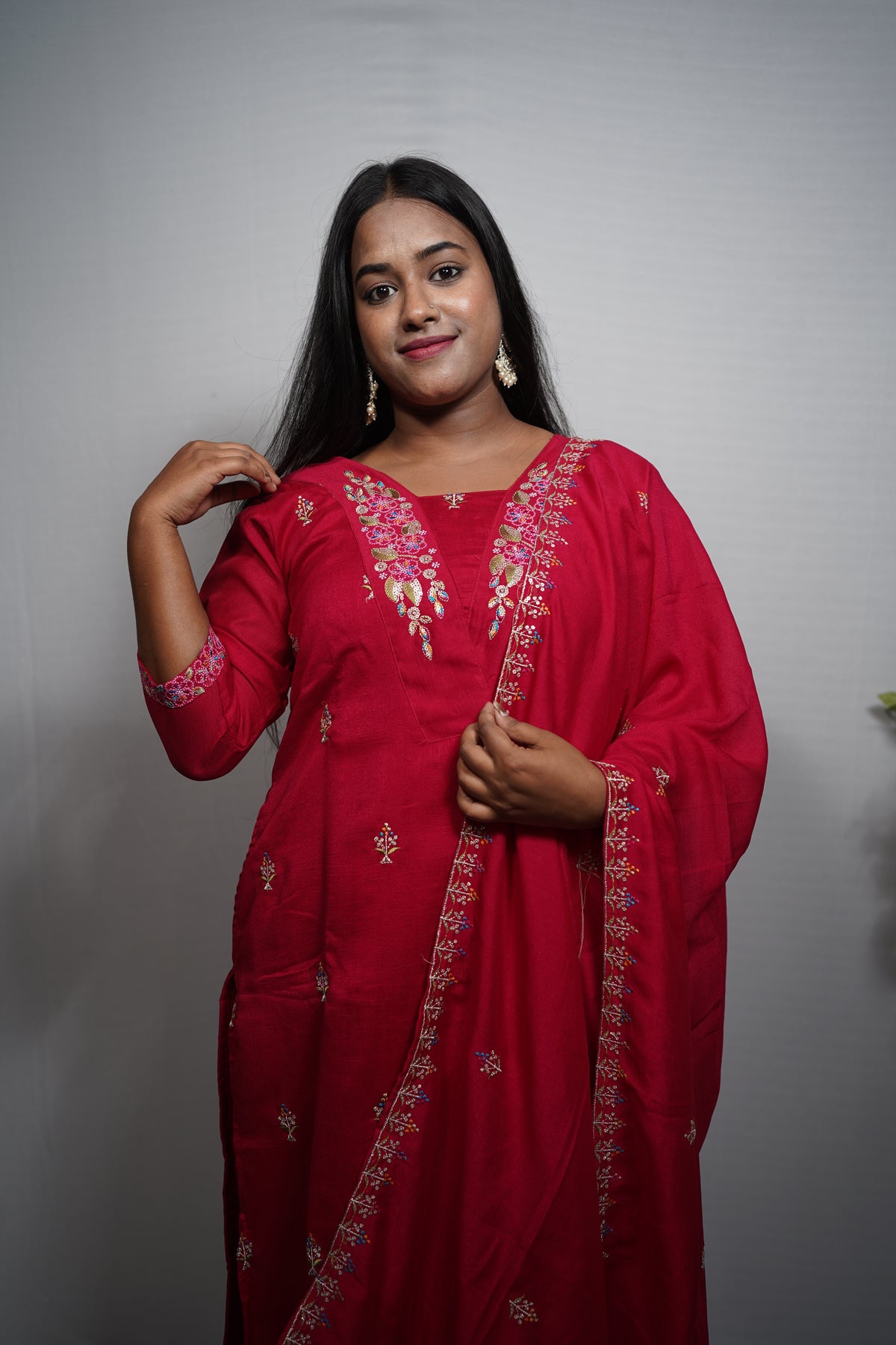 Self-Toned Silk Kurta Set with Floral Embroidered Yoke