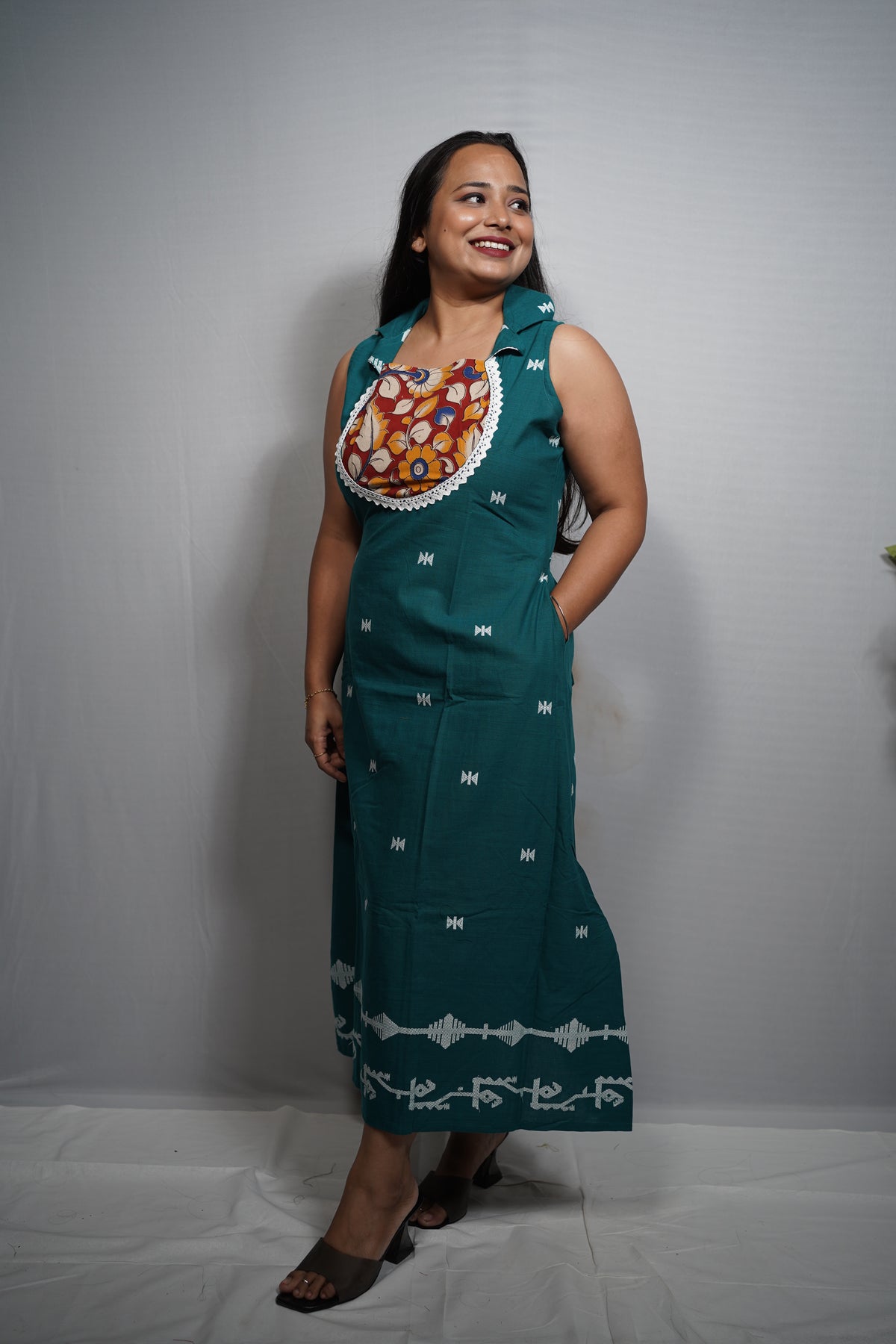Handloom Cotton Dress with Kalamkari Print Yoke & Woven Butis lace work