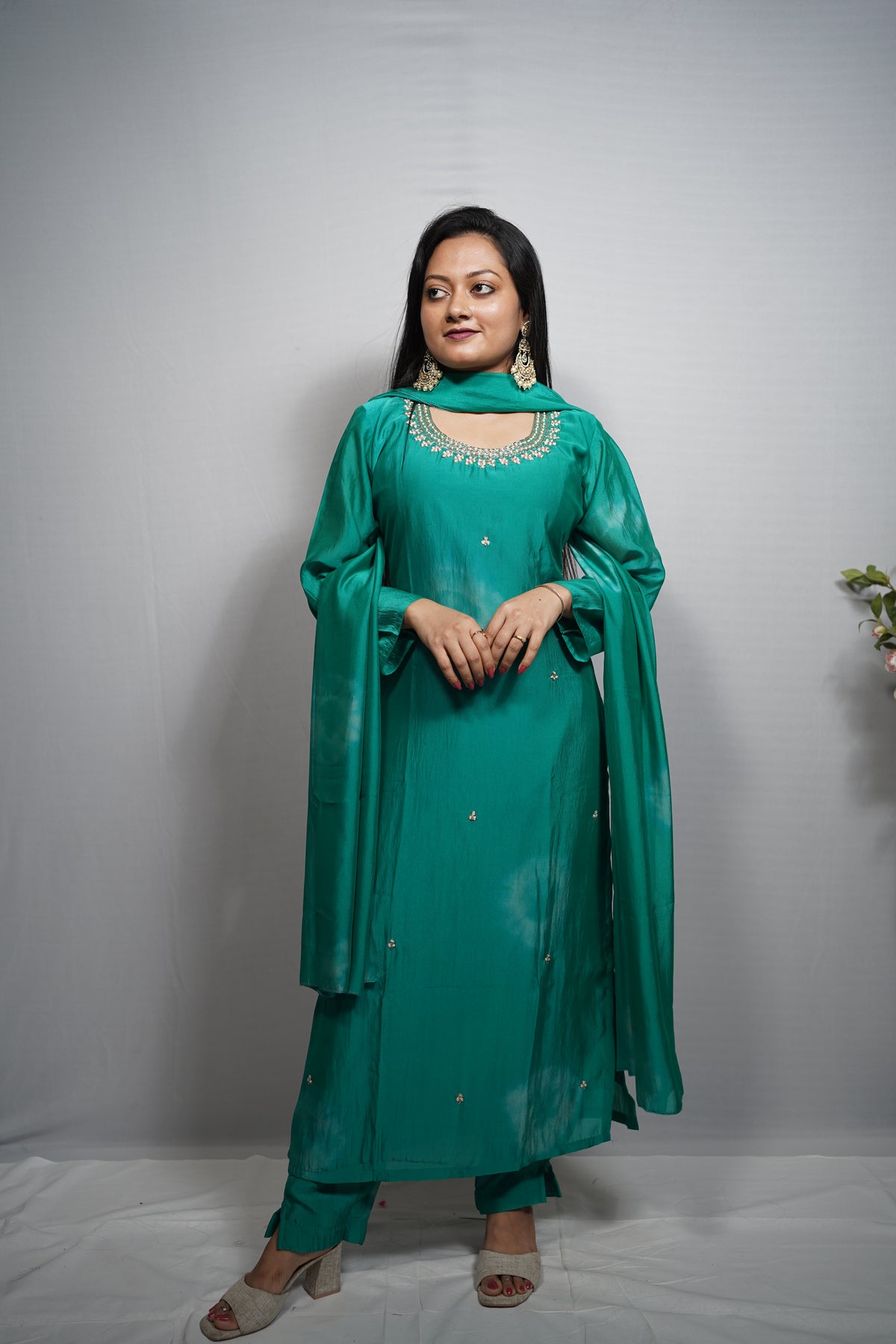 Silk Kurta Set with Pearl & Zari Neckline Embroidery — Kurta, Pant & Dupatta