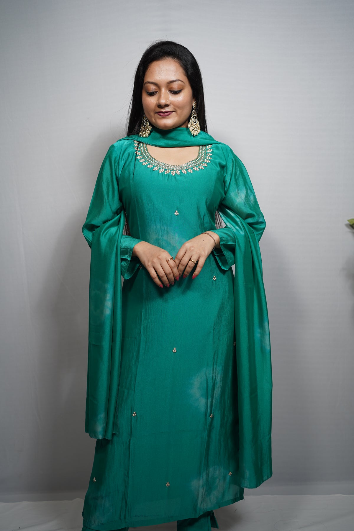 Silk Kurta Set with Pearl & Zari Neckline Embroidery — Kurta, Pant & Dupatta