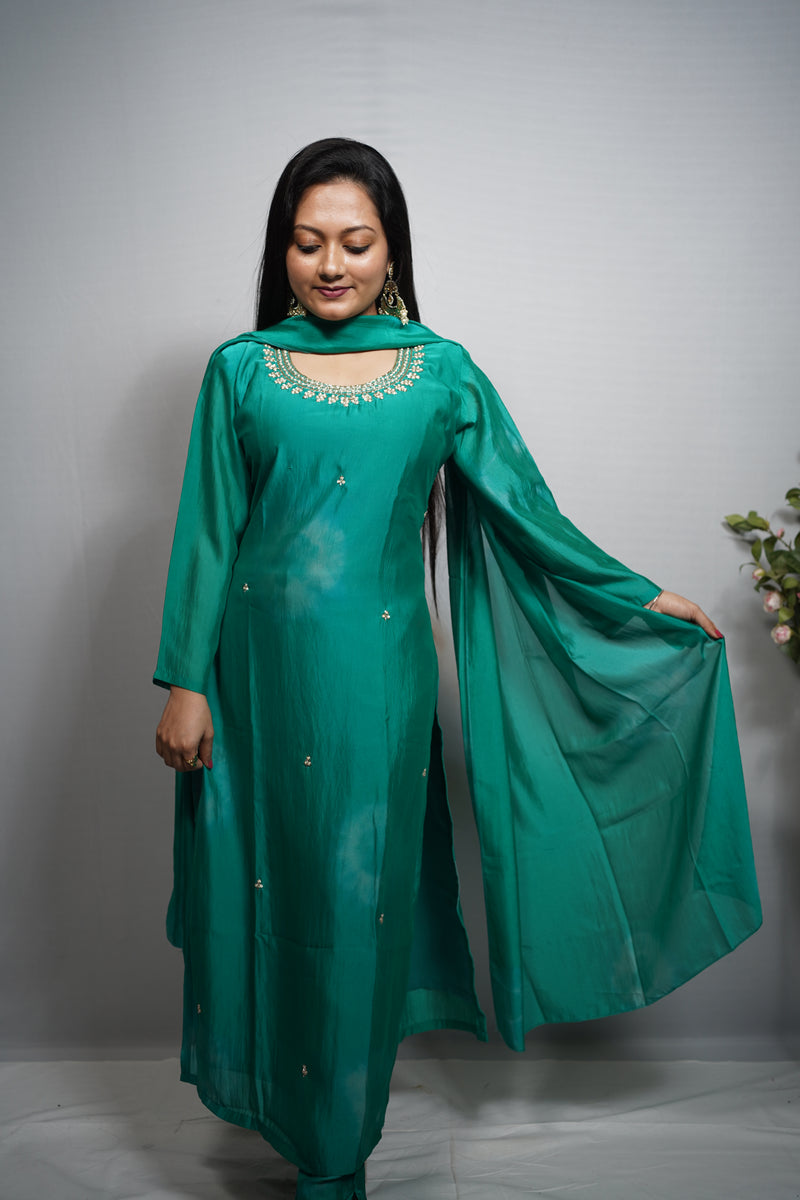 Silk Kurta Set with Pearl & Zari Neckline Embroidery — Kurta, Pant & Dupatta