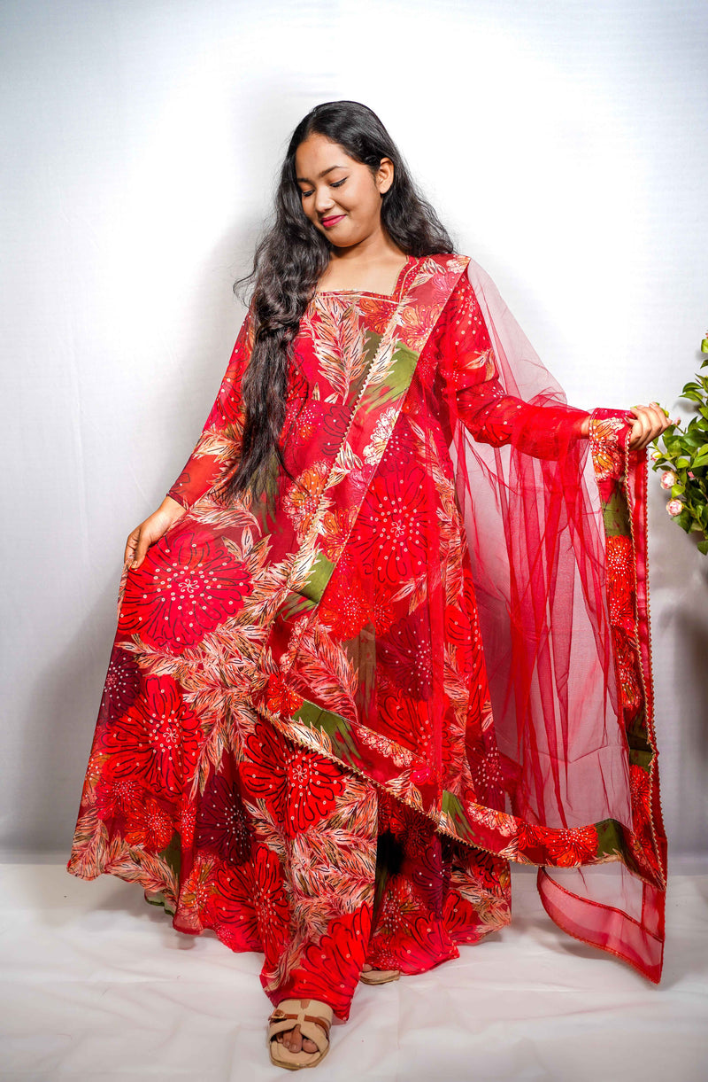 Laal Pari — Red Tropical Floral Anarkali Suit with Net Dupatta