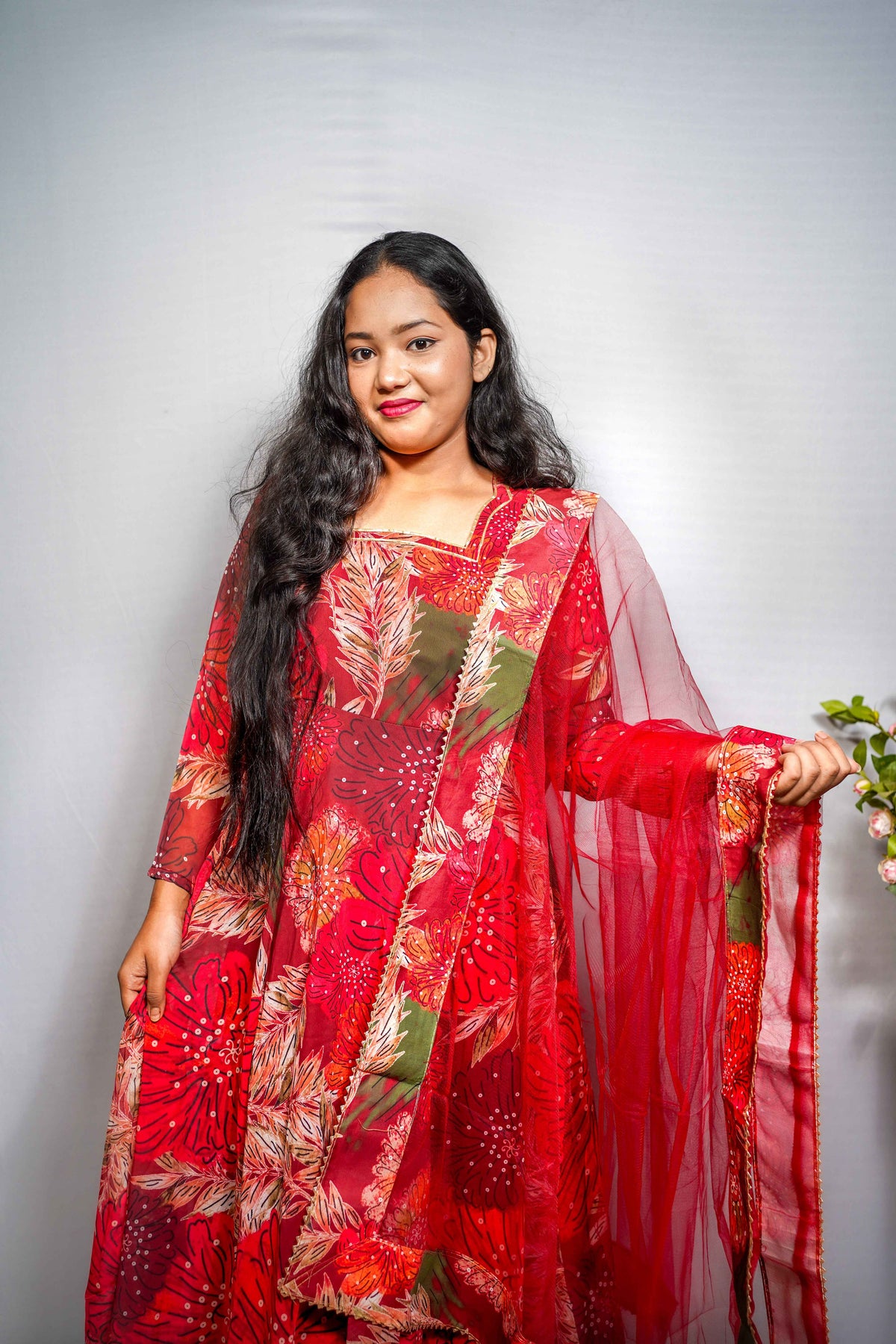 Laal Pari — Red Tropical Floral Anarkali Suit with Net Dupatta