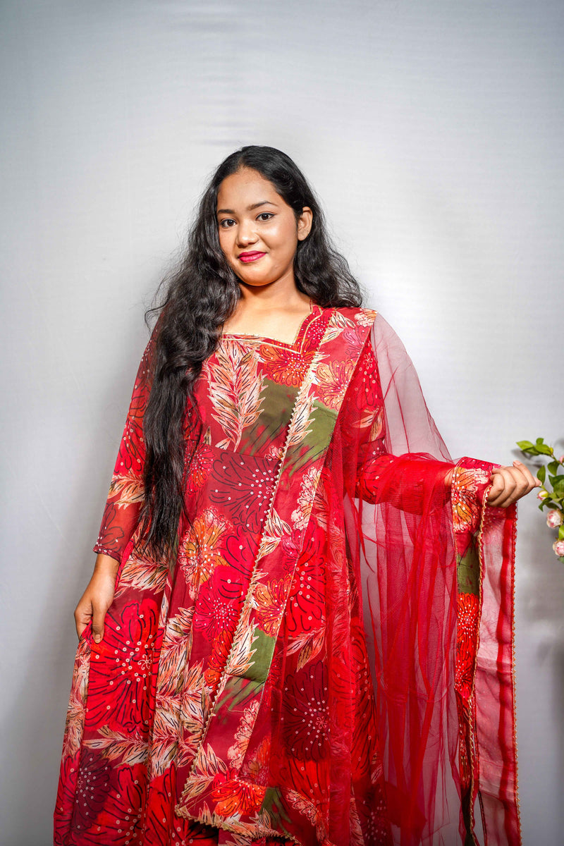 Laal Pari — Red Tropical Floral Anarkali Suit with Net Dupatta
