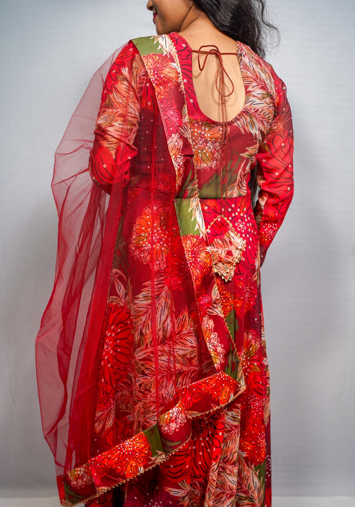 Laal Pari — Red Tropical Floral Anarkali Suit with Net Dupatta