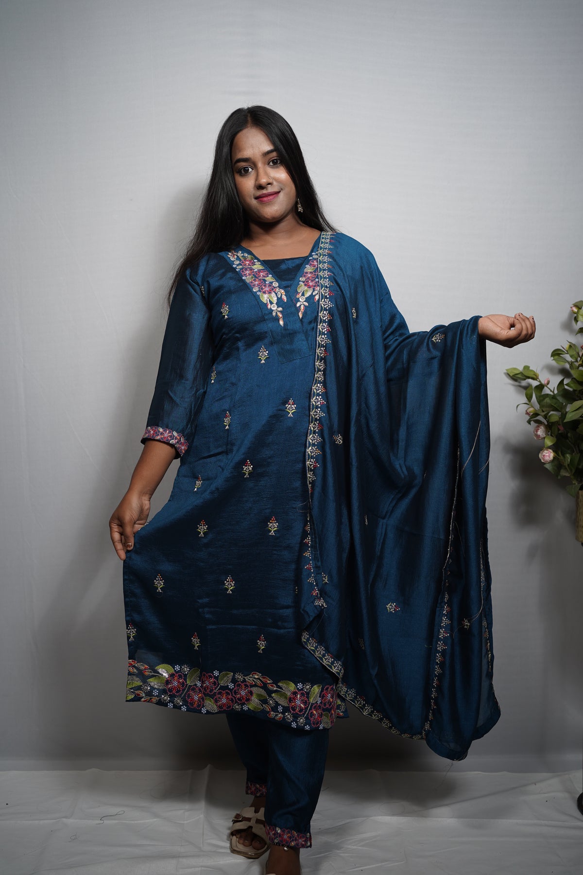 Self-Toned Silk Kurta Set with Floral Embroidered Yoke