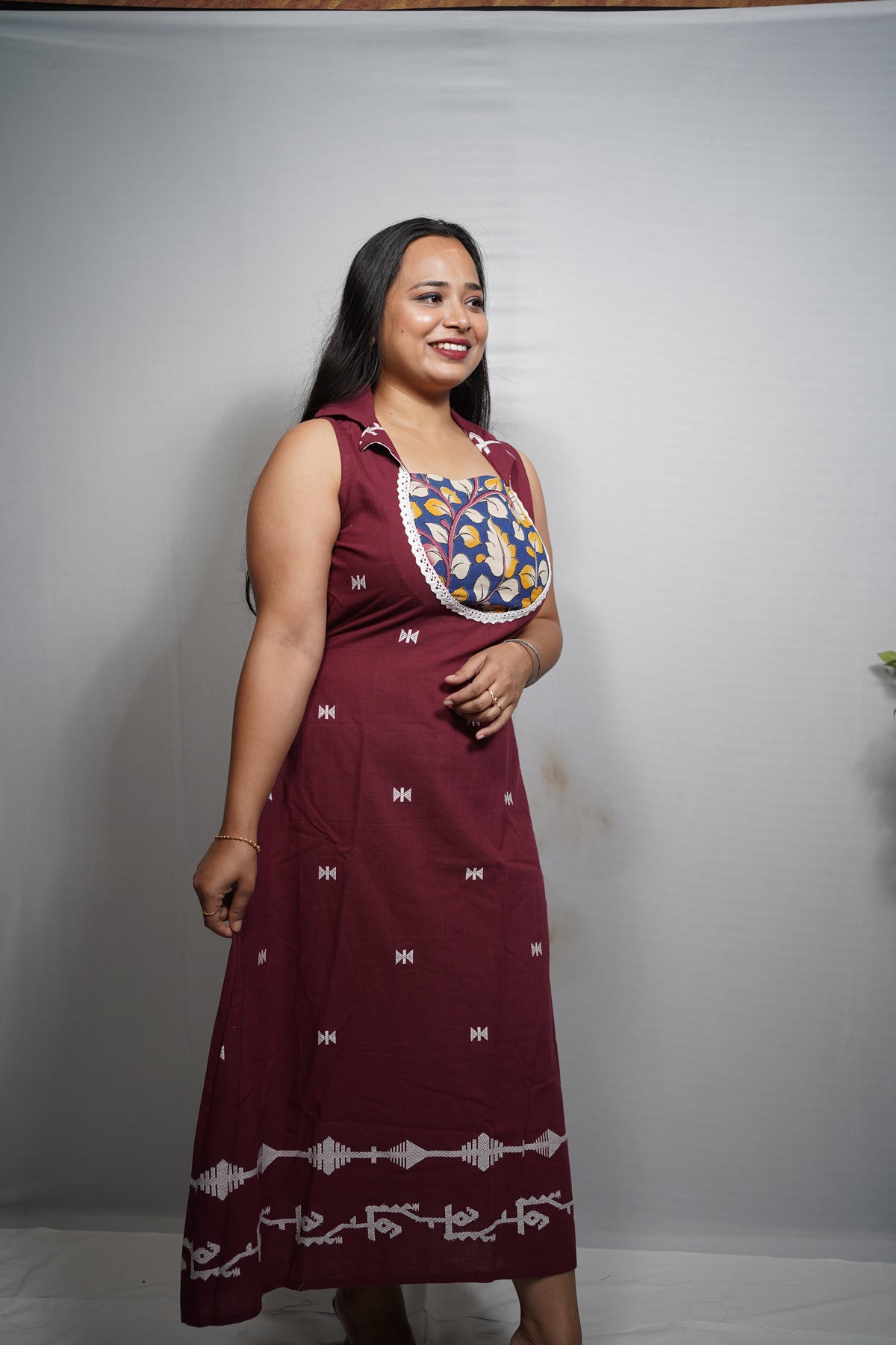 Handloom Cotton Dress with Kalamkari Print Yoke & Woven Butis lace work