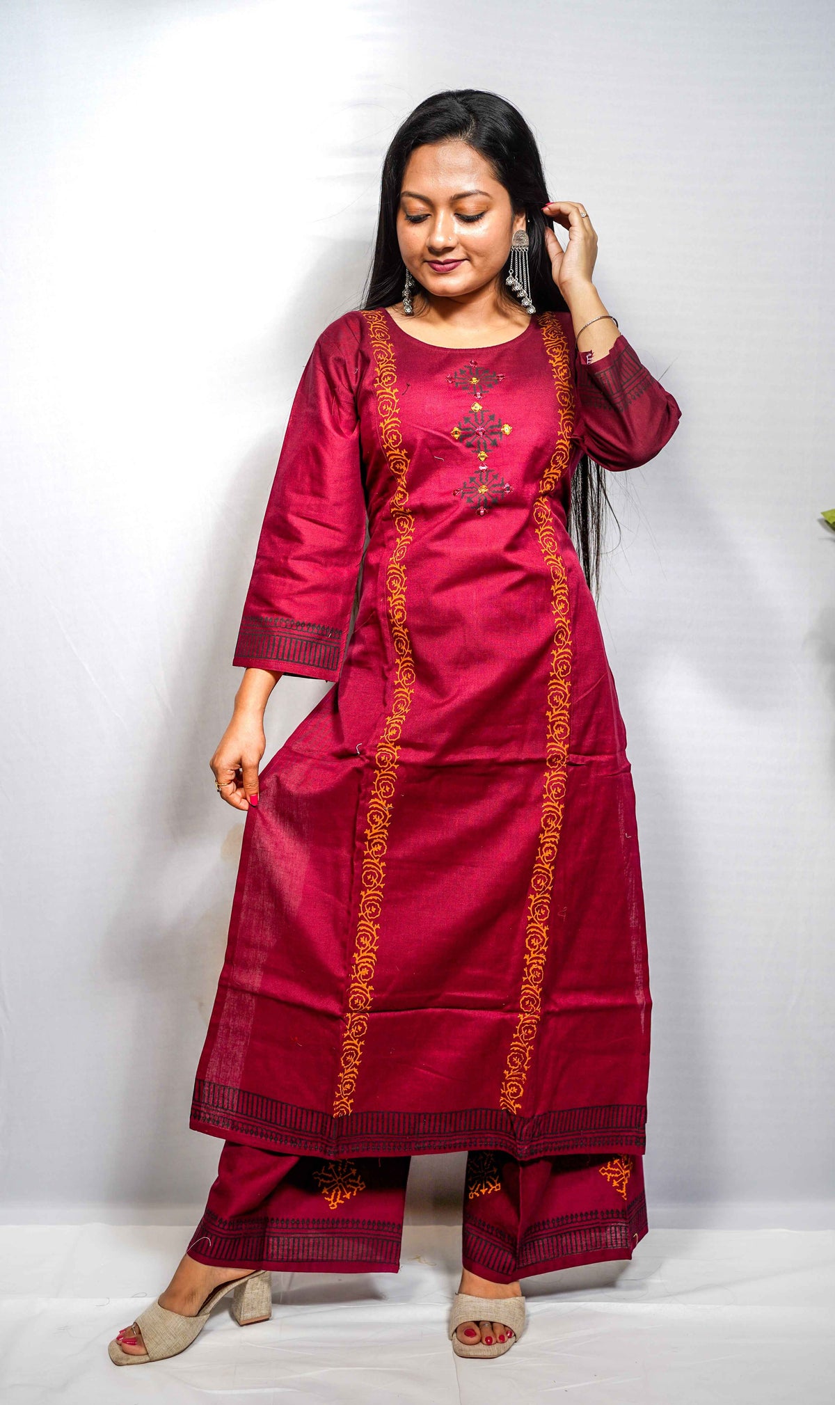 Maroon Block Print linen cotton Kurta Set with Geometric Embroidery & Palazzo