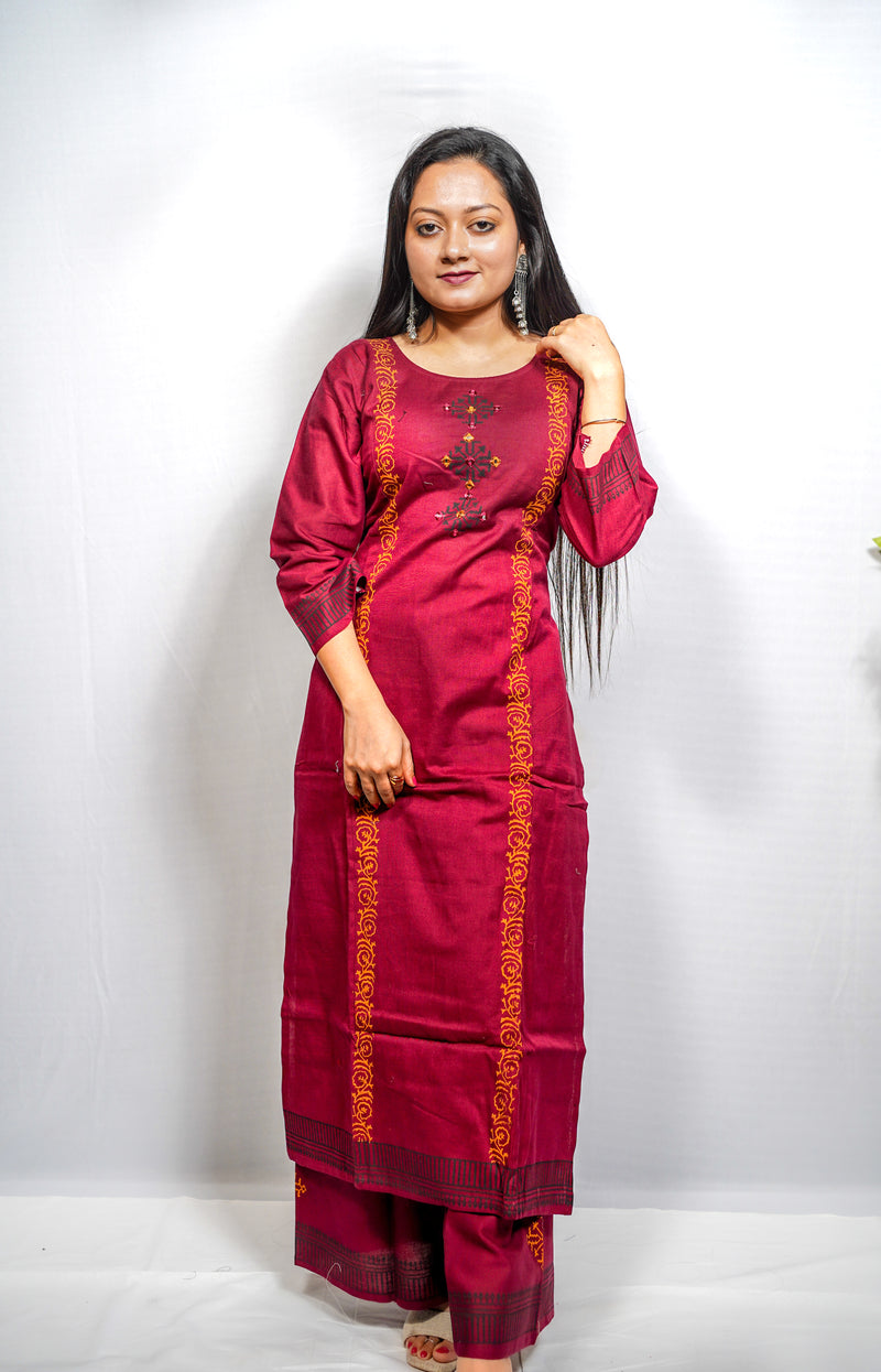Maroon Block Print linen cotton Kurta Set with Geometric Embroidery & Palazzo