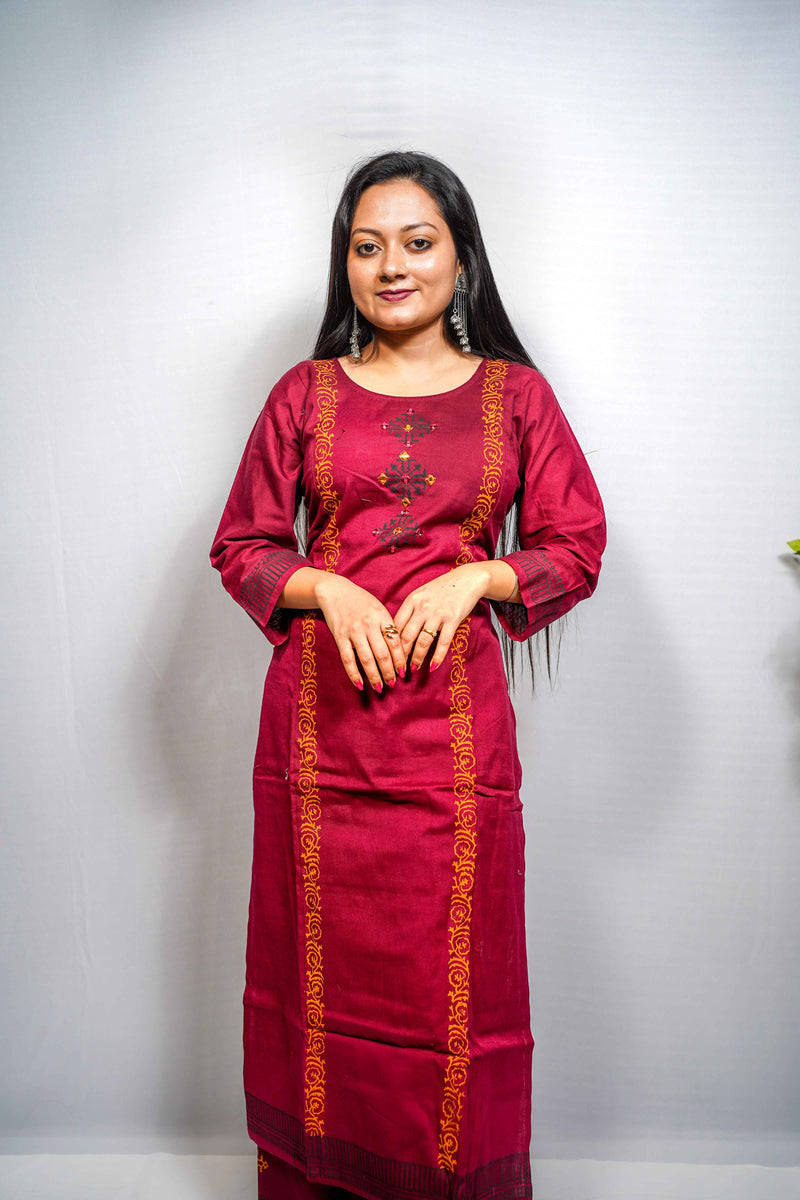 Maroon Block Print linen cotton Kurta Set with Geometric Embroidery & Palazzo
