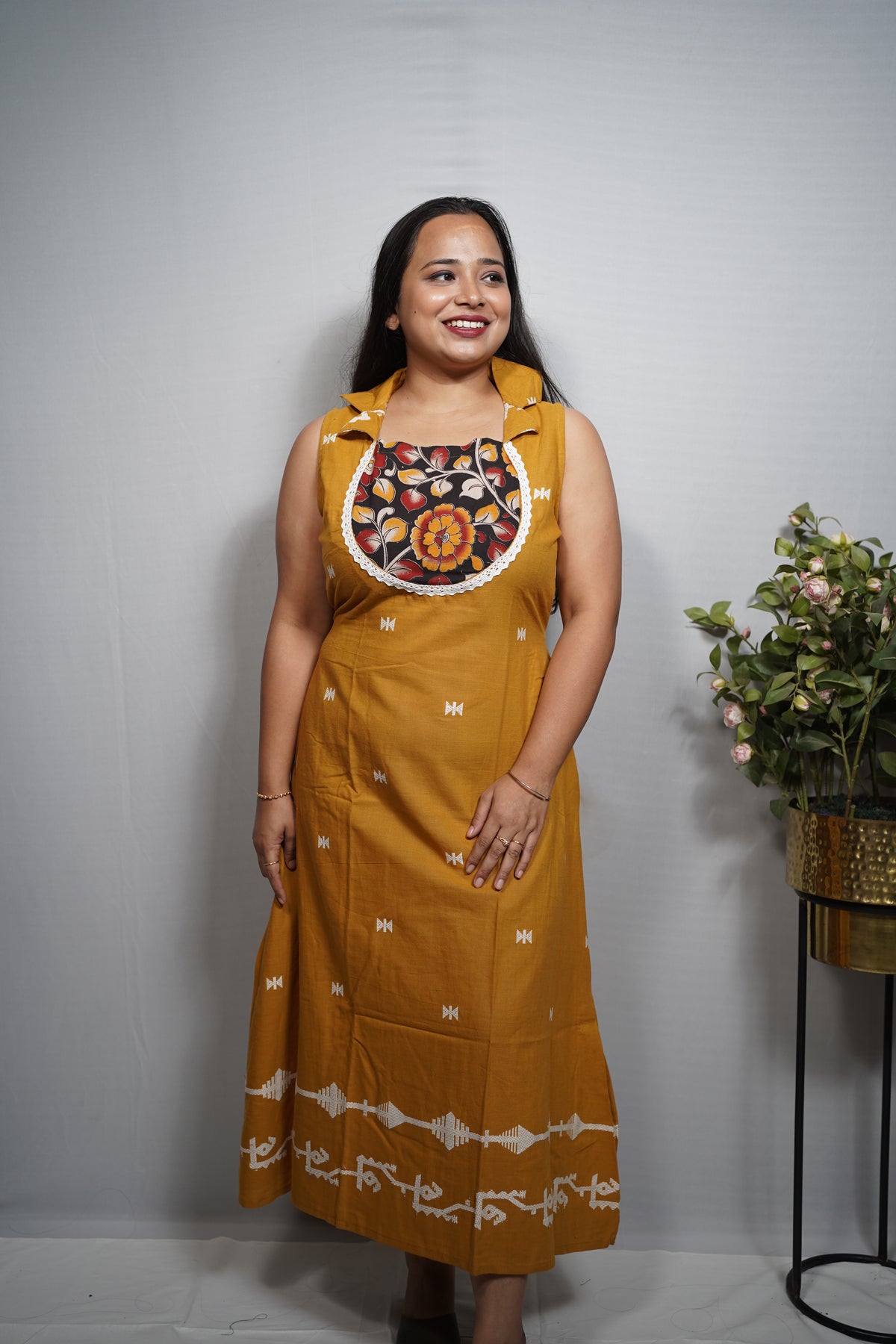Handloom Cotton Dress with Kalamkari Print Yoke & Woven Butis lace work
