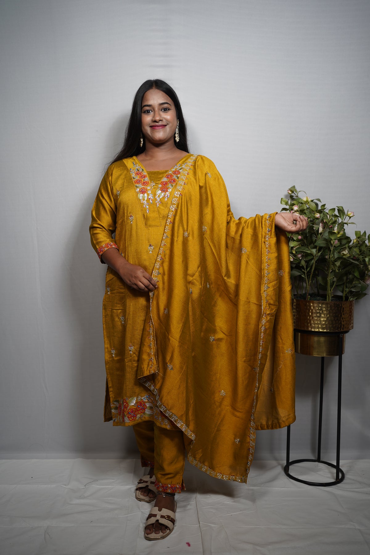 Self-Toned Silk Kurta Set with Floral Embroidered Yoke