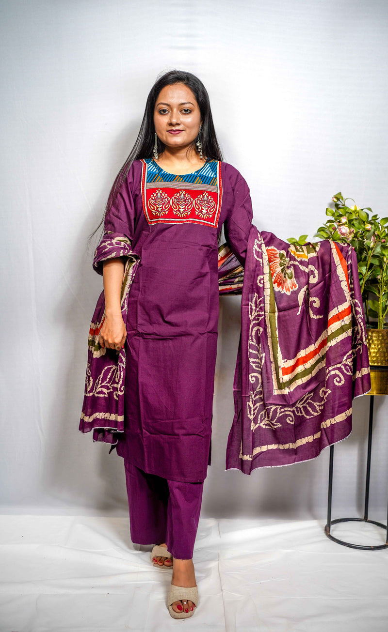 Ruhi — Plum Cotton Kurta Set with Kutchi Yoke Panel & Batik Print Dupatta