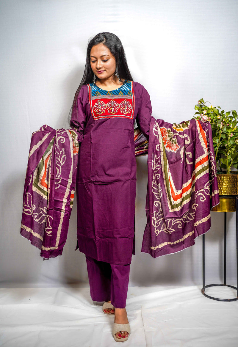 Ruhi — Plum Cotton Kurta Set with Kutchi Yoke Panel & Batik Print Dupatta