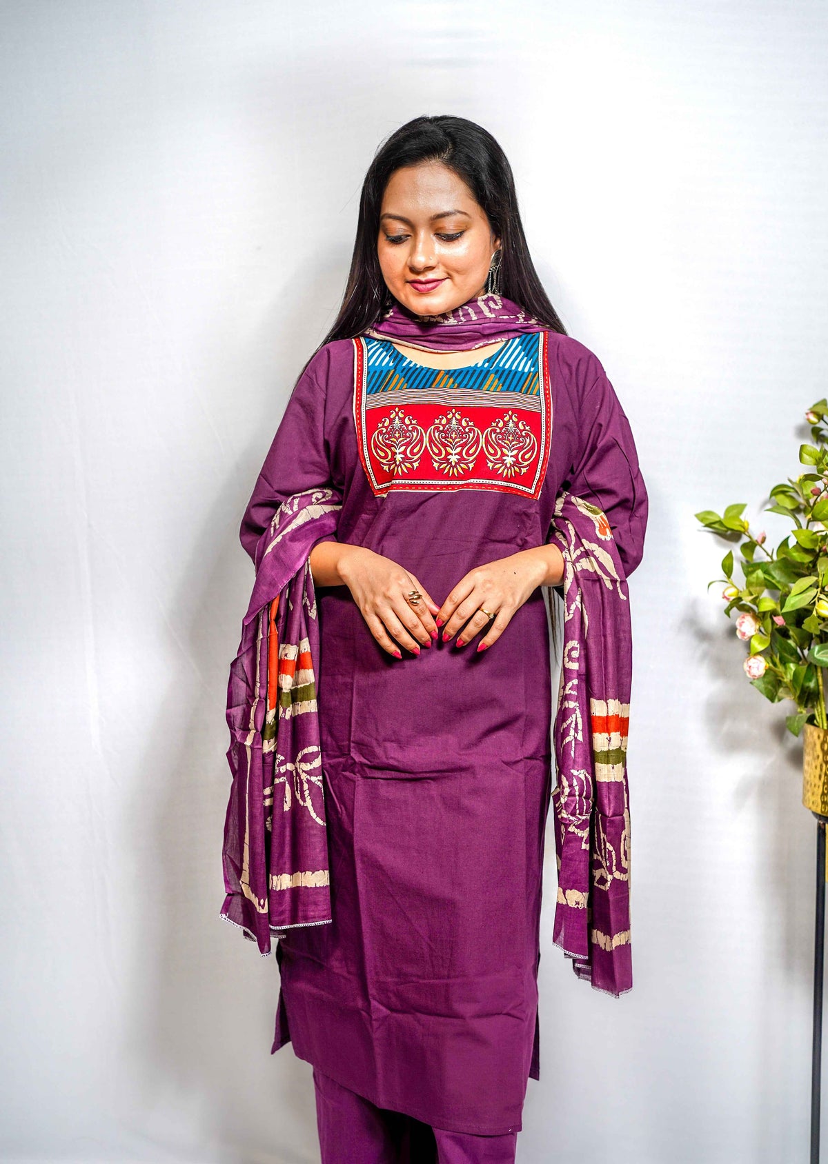 Ruhi — Plum Cotton Kurta Set with Kutchi Yoke Panel & Batik Print Dupatta