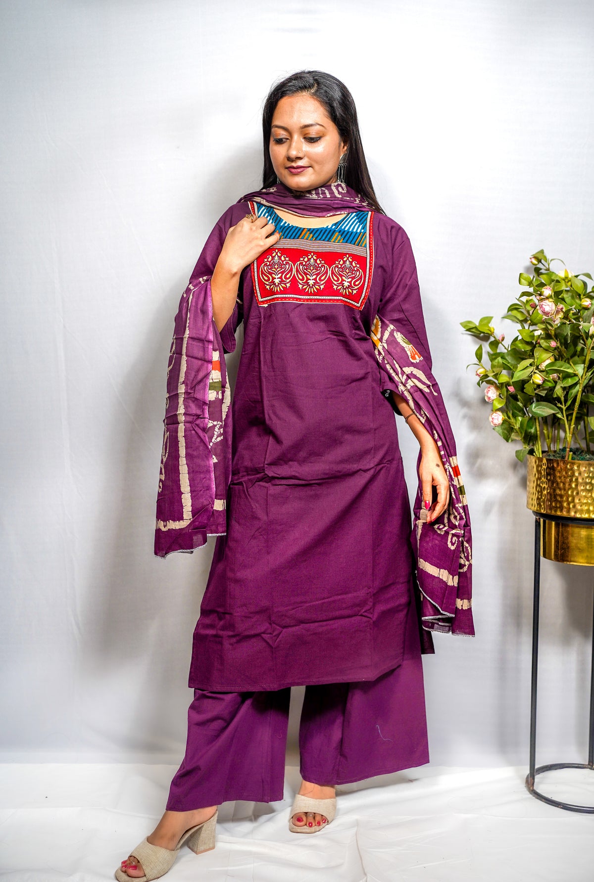 Ruhi — Plum Cotton Kurta Set with Kutchi Yoke Panel & Batik Print Dupatta