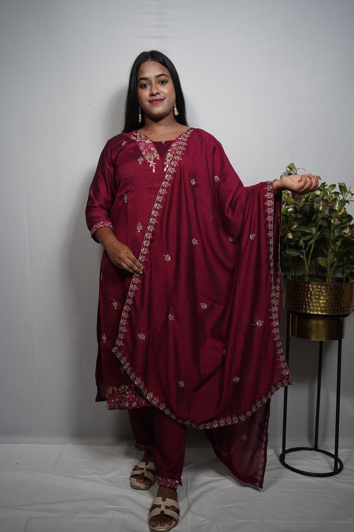 Self-Toned Silk Kurta Set with Floral Embroidered Yoke