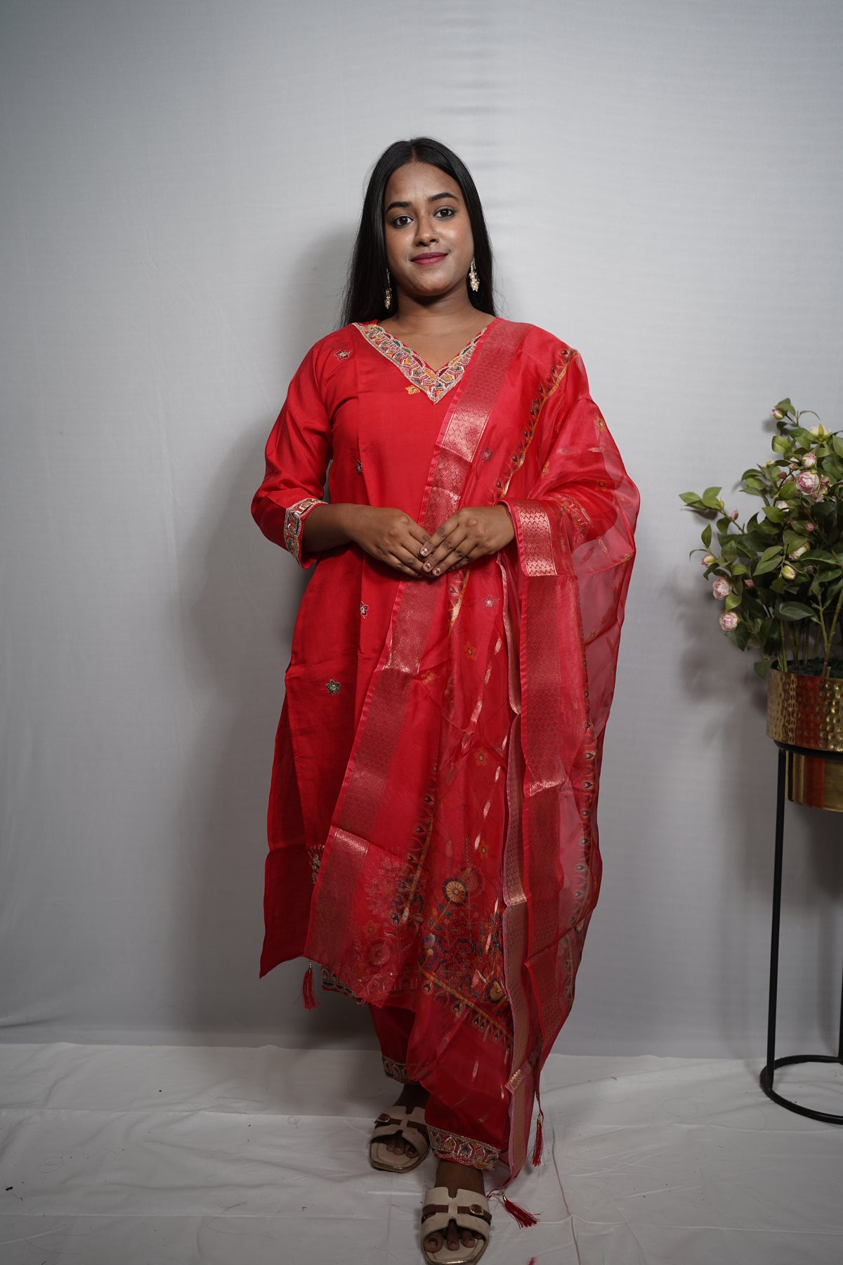 Shikargah Embroidered Silk Kurta Set with Organza Dupatta