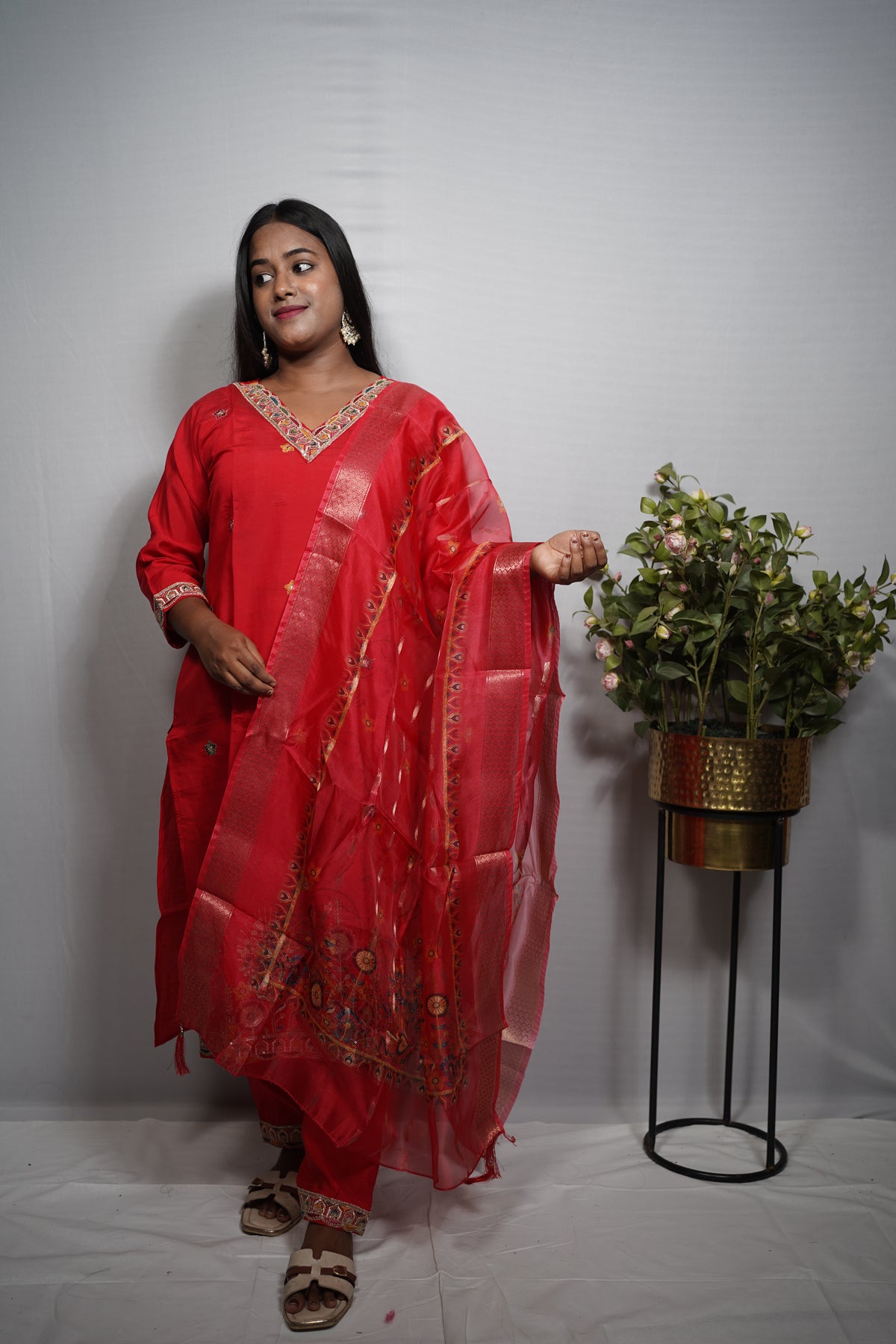 Shikargah Embroidered Silk Kurta Set with Organza Dupatta