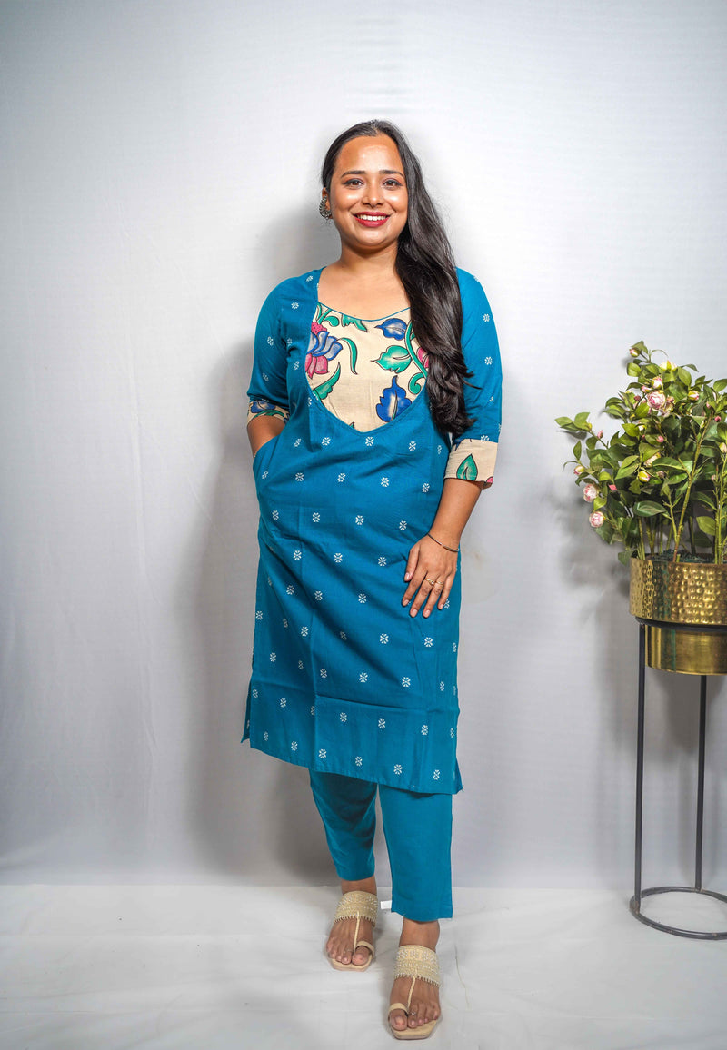 Woven Cotton Kurta Set with Kalamkari-Print Yoke — Kurta & Pant