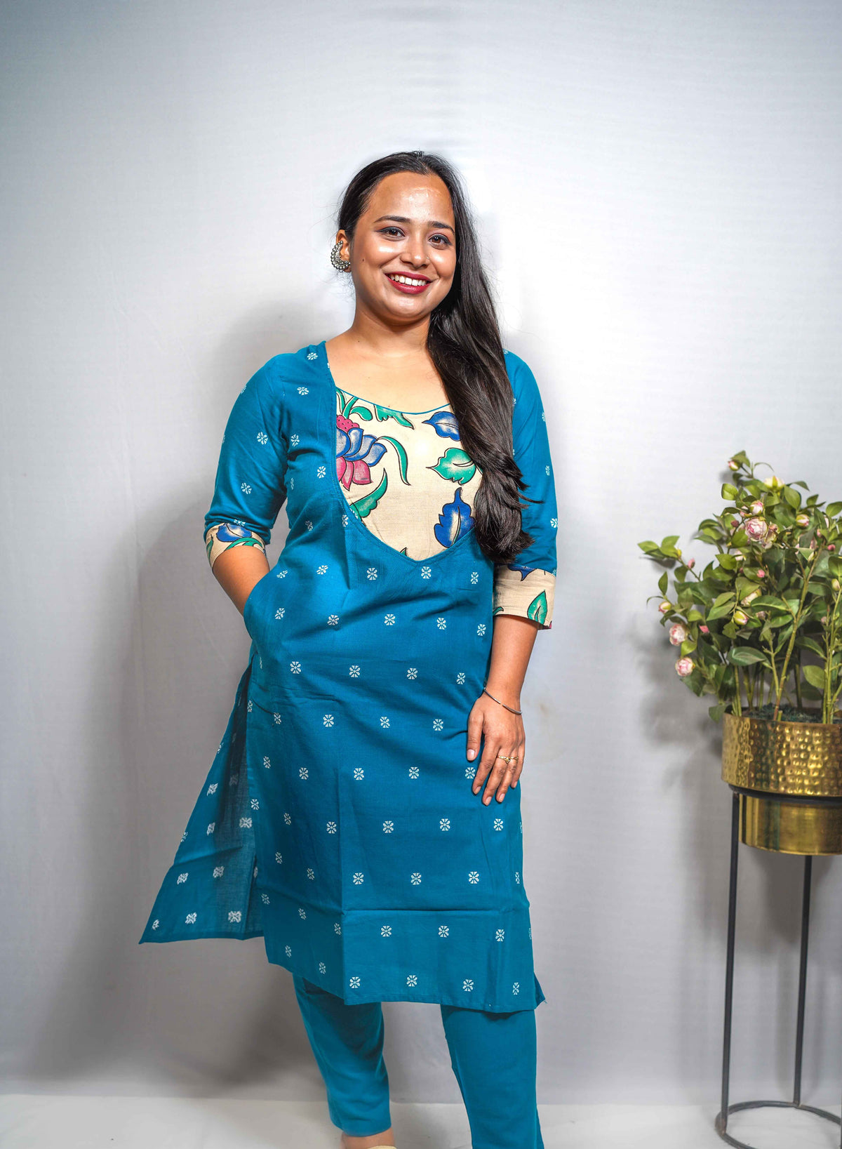 Woven Cotton Kurta Set with Kalamkari-Print Yoke — Kurta & Pant