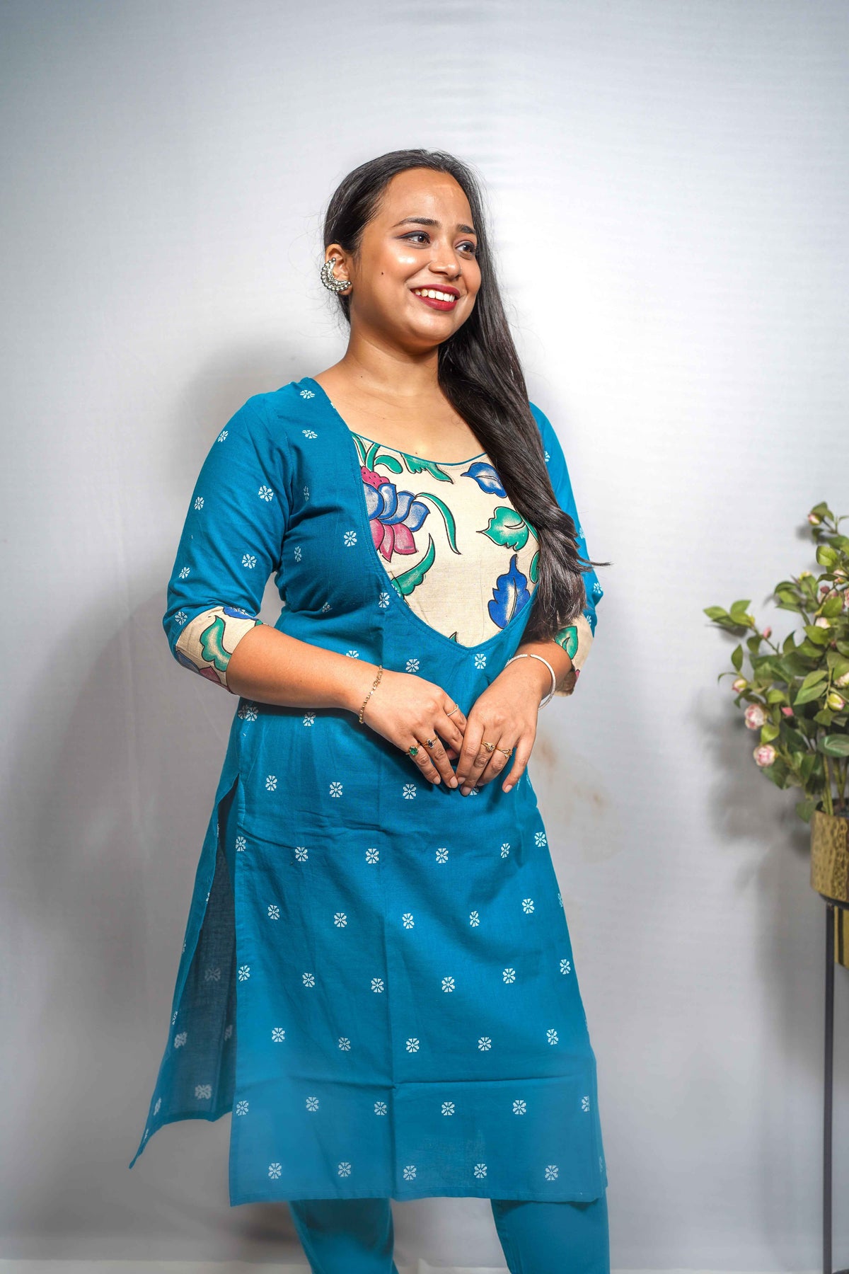 Woven Cotton Kurta Set with Kalamkari-Print Yoke — Kurta & Pant