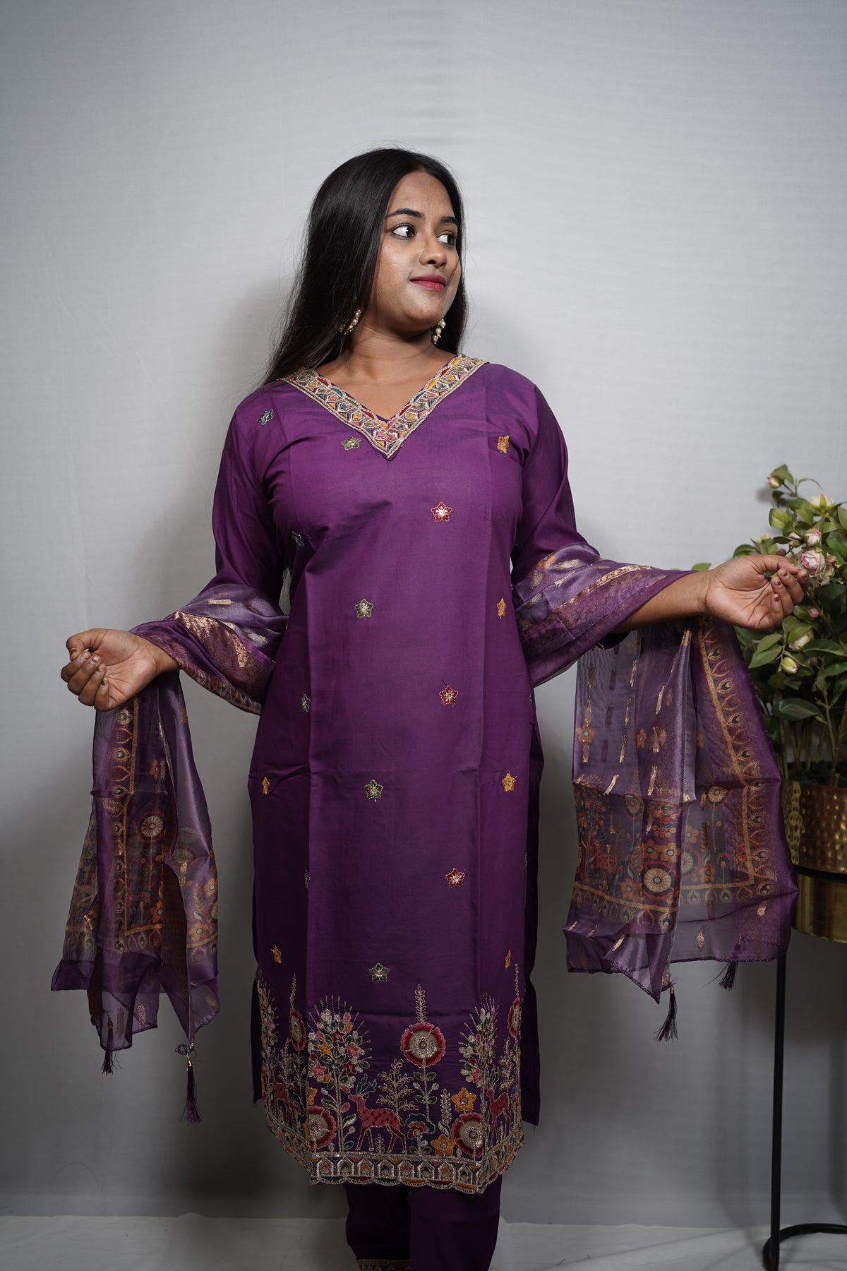 Shikargah Embroidered Silk Kurta Set with Organza Dupatta