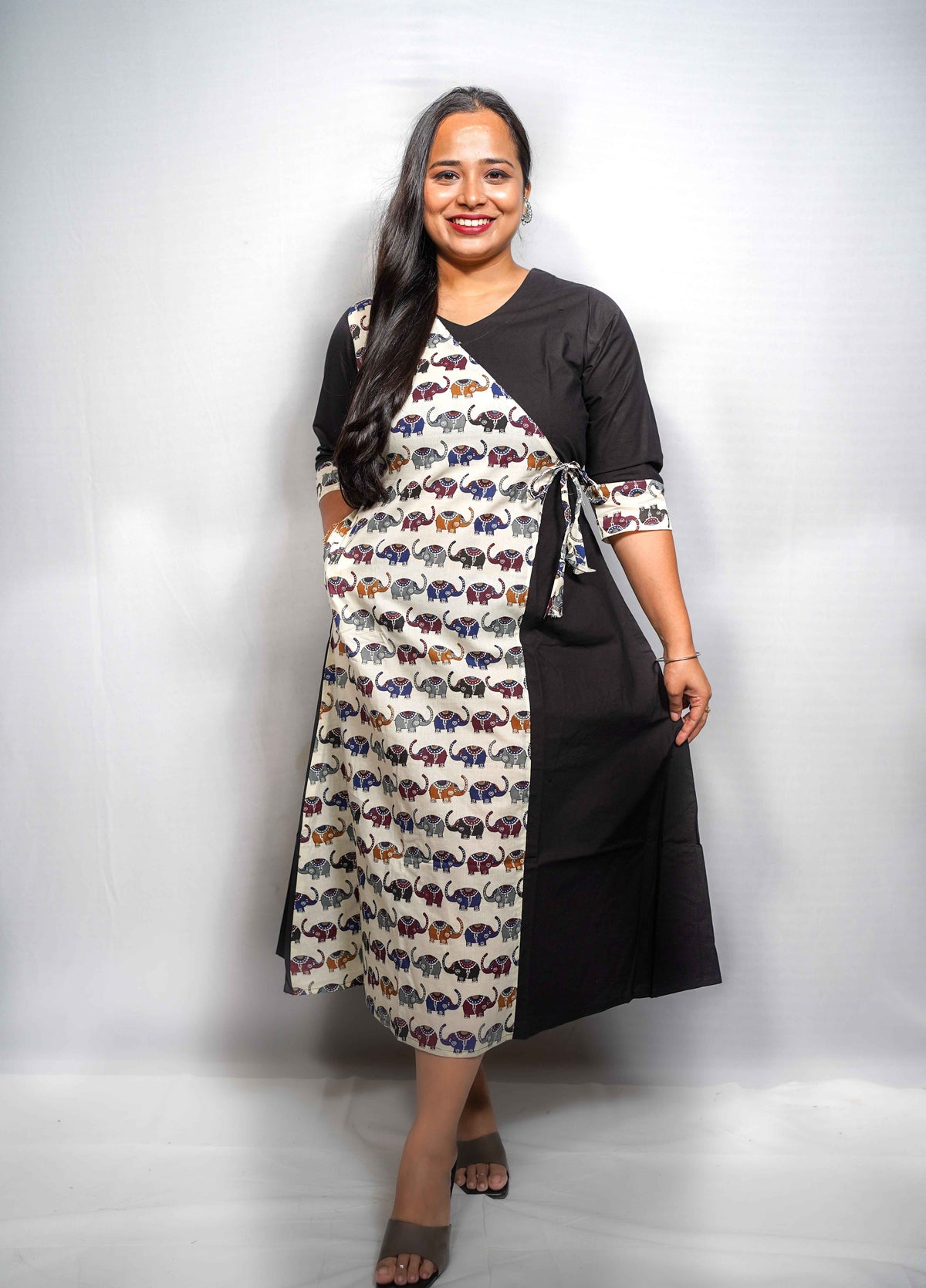 Cotton Angrakha Kurta Dress with Elephant Print Panel & Side Tie