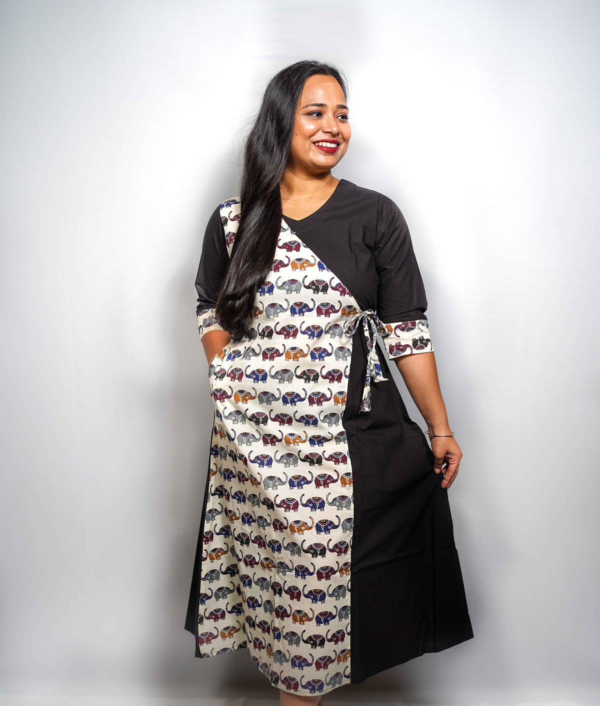 Cotton Angrakha Kurta Dress with Elephant Print Panel & Side Tie