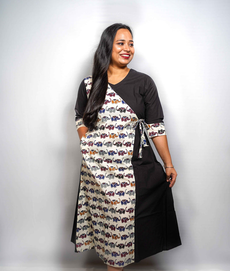 Cotton Angrakha Kurta Dress with Elephant Print Panel & Side Tie