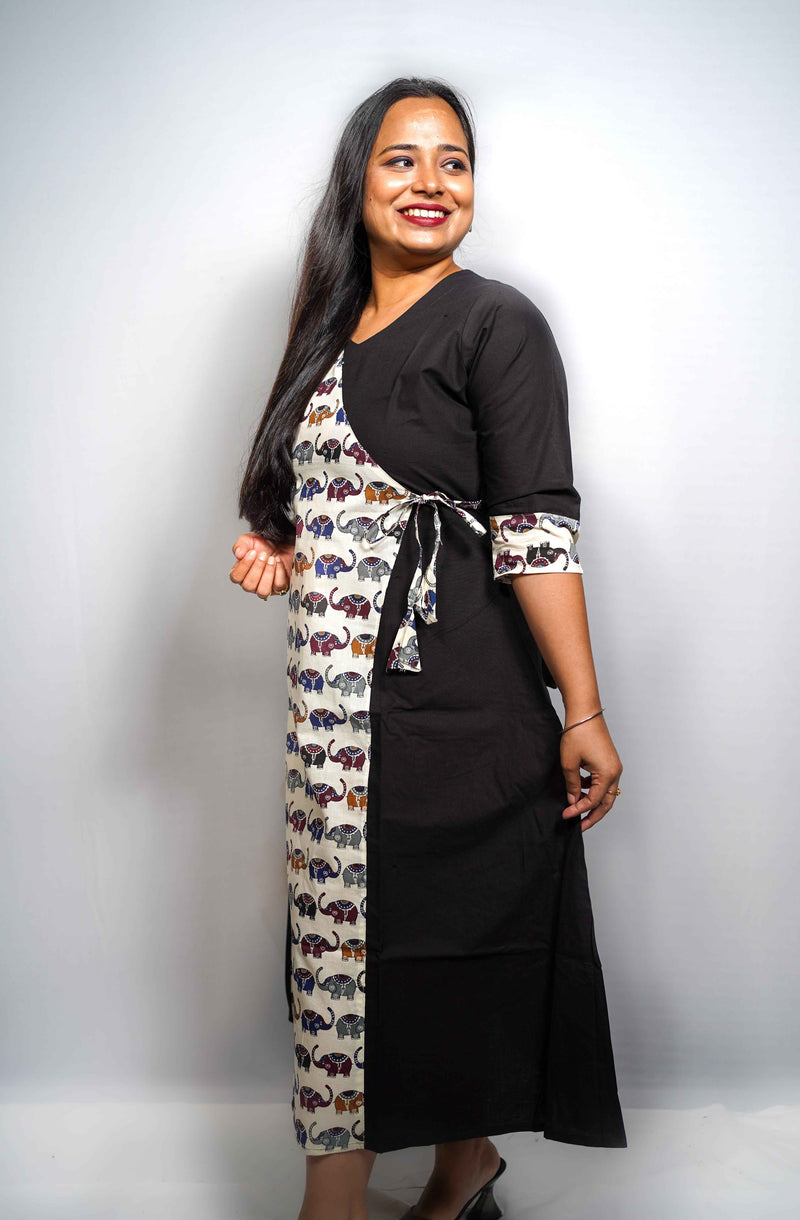Cotton Angrakha Kurta Dress with Elephant Print Panel & Side Tie