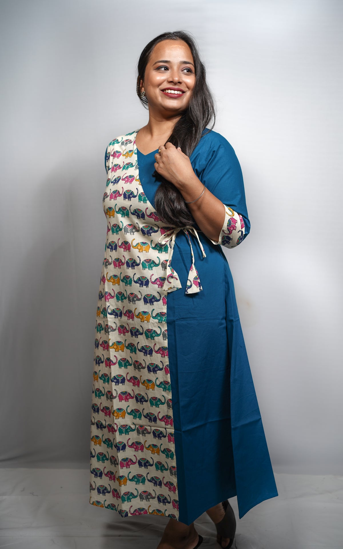 Cotton Angrakha Kurta Dress with Elephant Print Panel & Side Tie