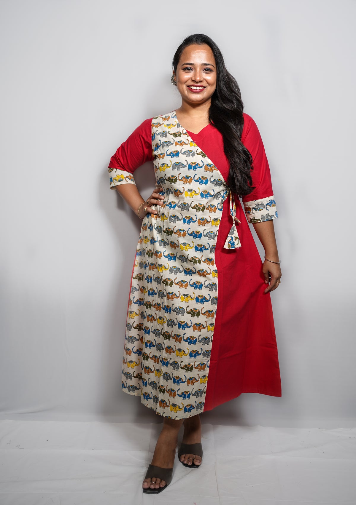 Cotton Angrakha Kurta Dress with Elephant Print Panel & Side Tie