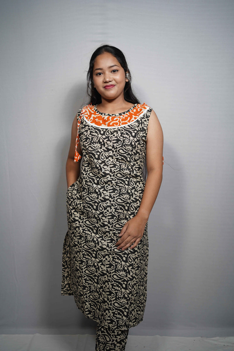 Cotton Batik Jaal Sleeveless Kurta Set with Contrast Yoke & Side Tie