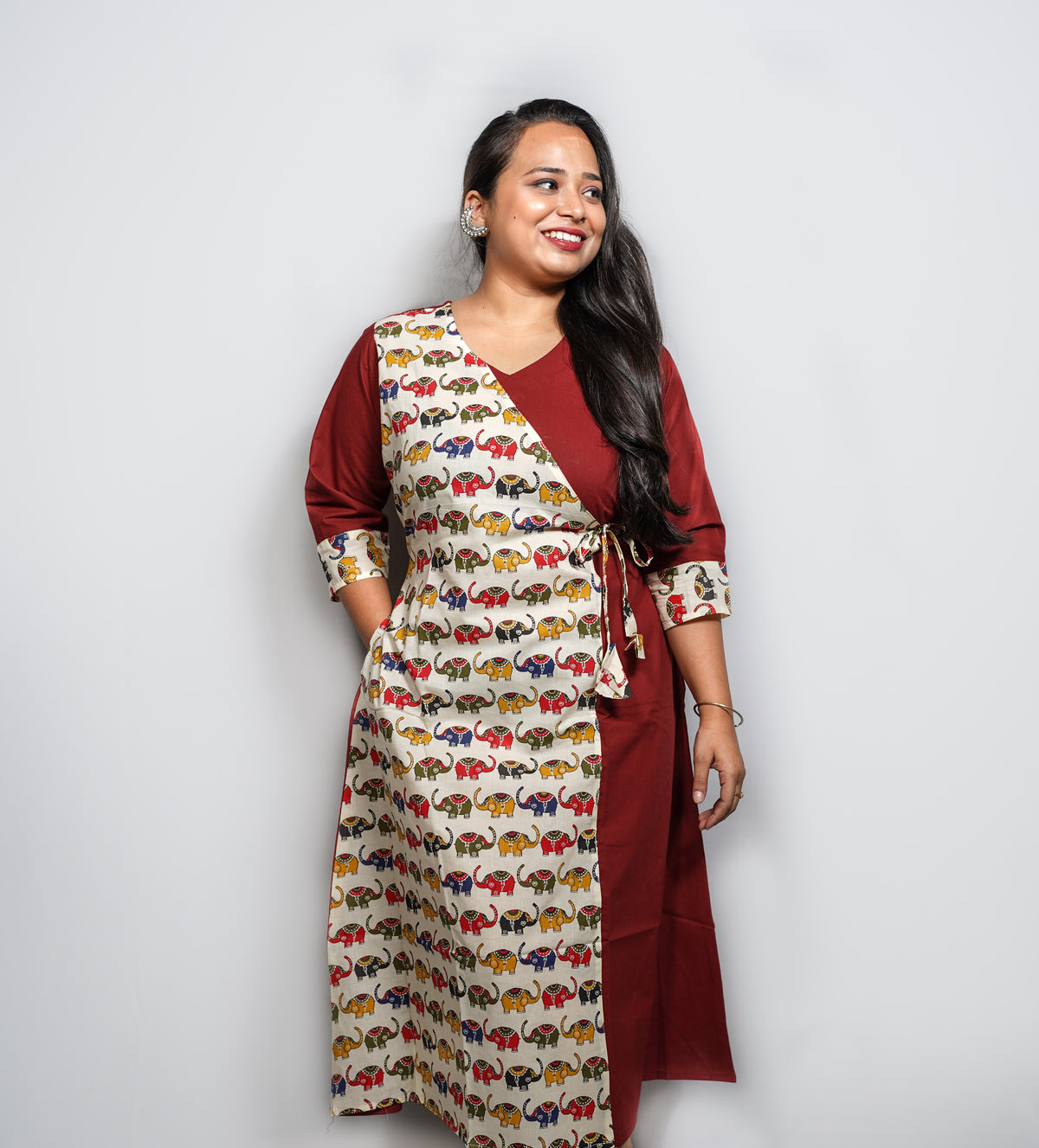 Cotton Angrakha Kurta Dress with Elephant Print Panel & Side Tie