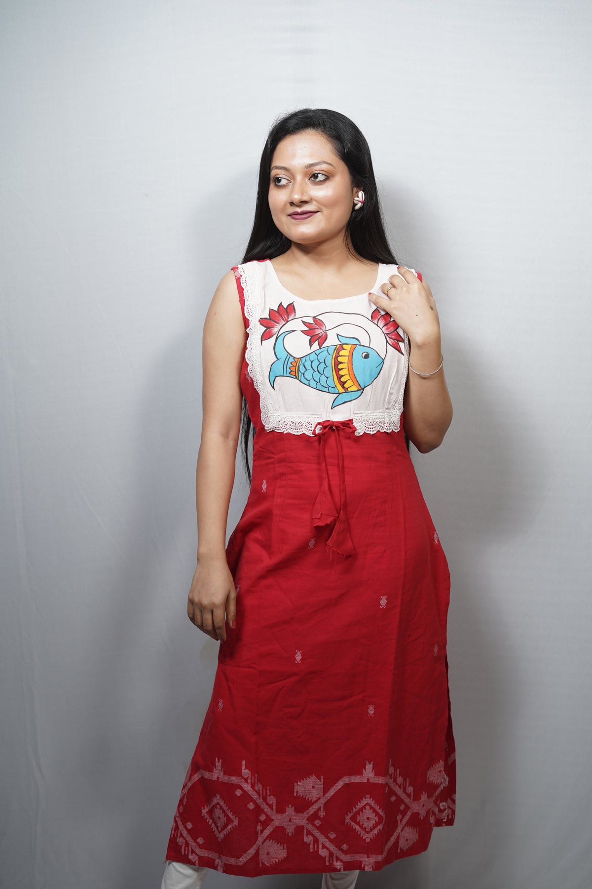 Hand Painted Fish Motif Cotton Kurta with Lace Yoke
